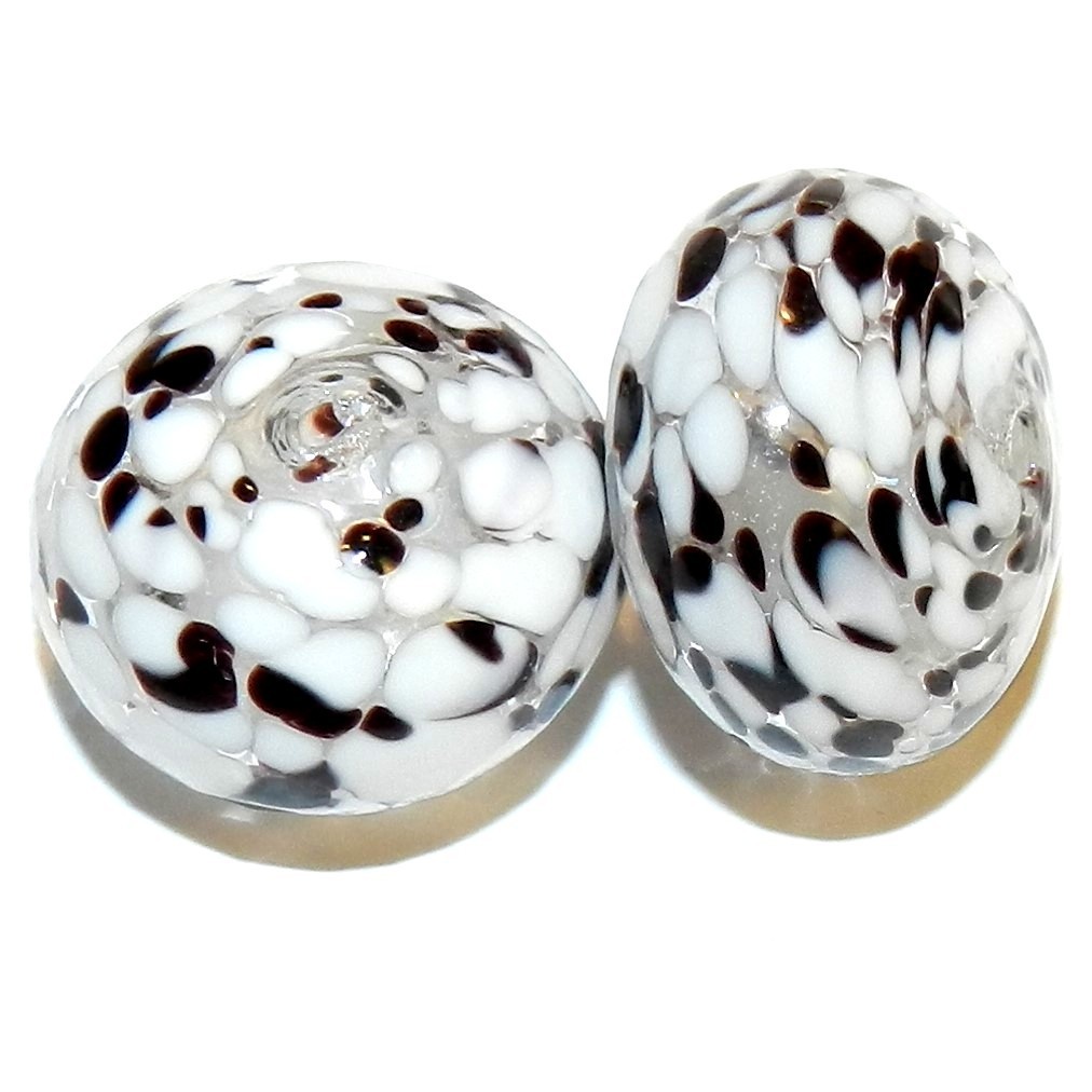 G4285 Clear with White & Brown 20mm Rondelle Blown Lampwork Glass Beads 2pc