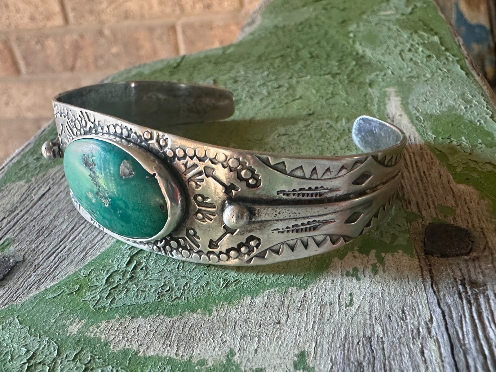 Fred Harvey Era Navajo Sterling Oval Turquoise Cab Stamped Cuff Bracelet 30s-40s