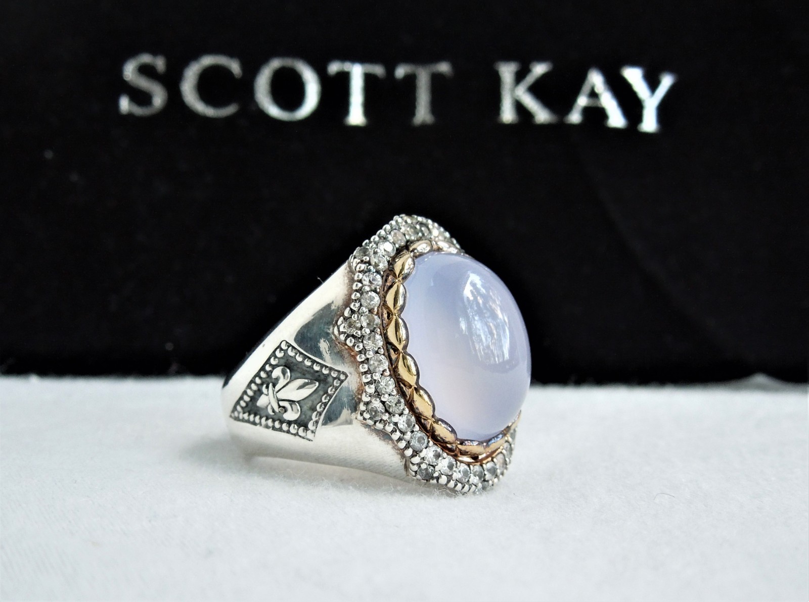 Scott Kay Blue Chalcedony & White Sapphire Gold Vermeil & Silver Ring sz7 $795