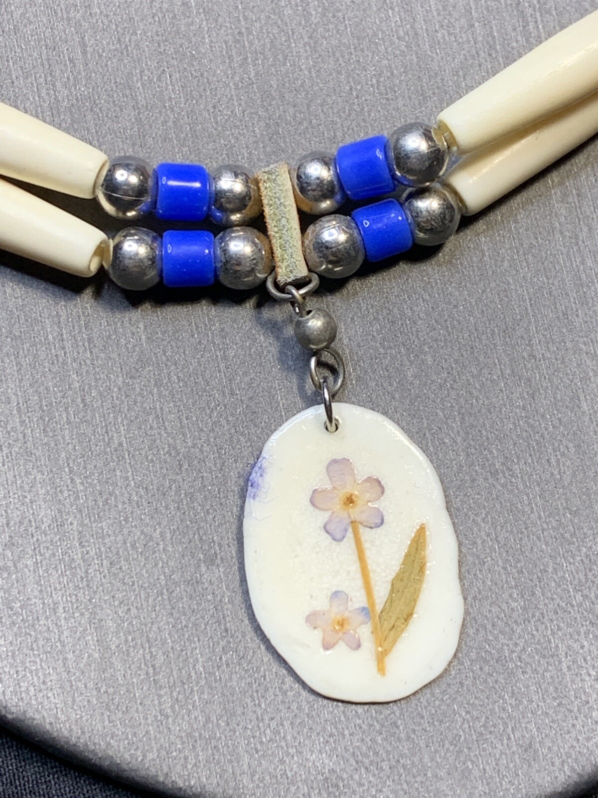 Signed DS Native American Blue Leather beaded tie on choker necklace
