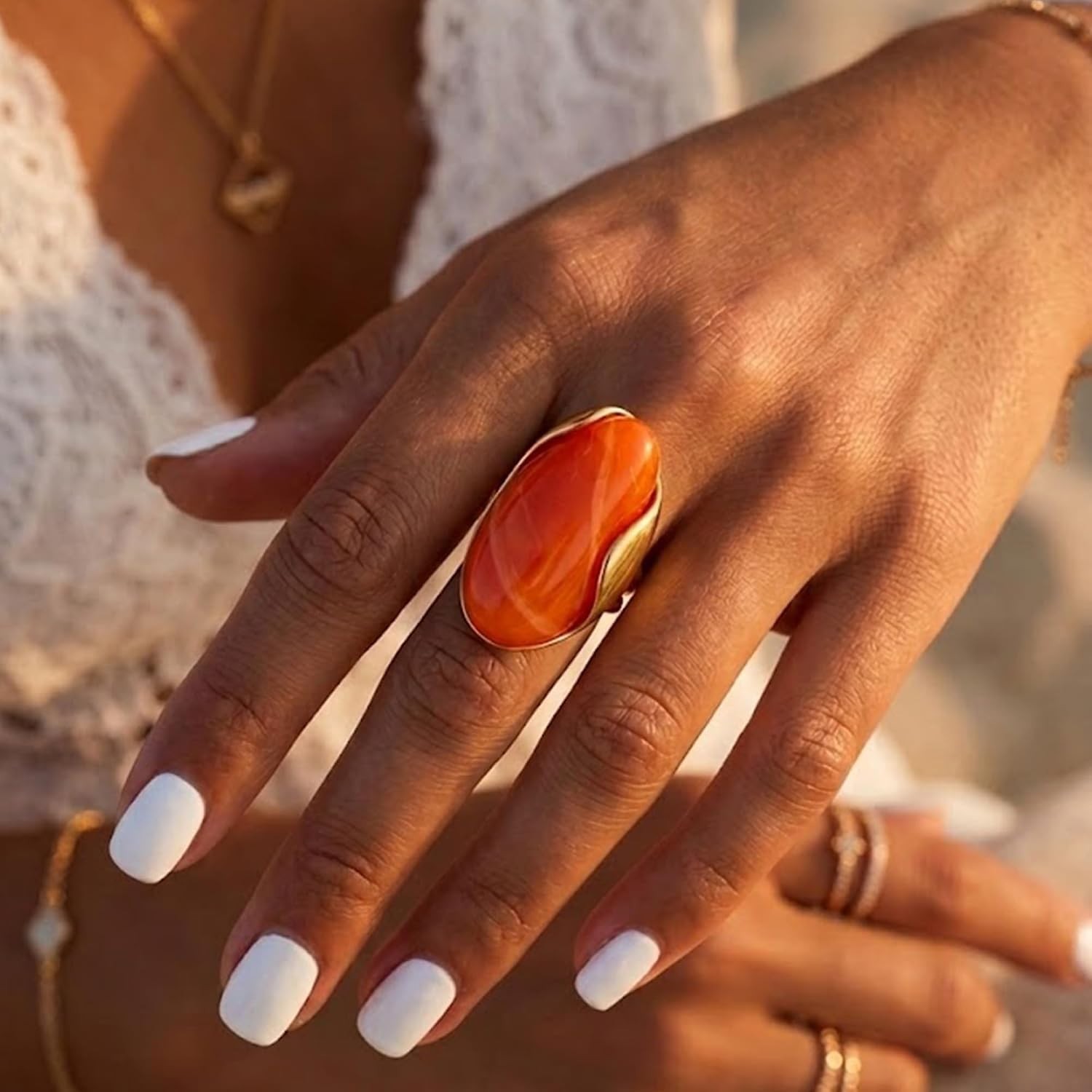 Unique Boho Acrylic Statement Ring – Bright Orange, Adjustable, Lightweight