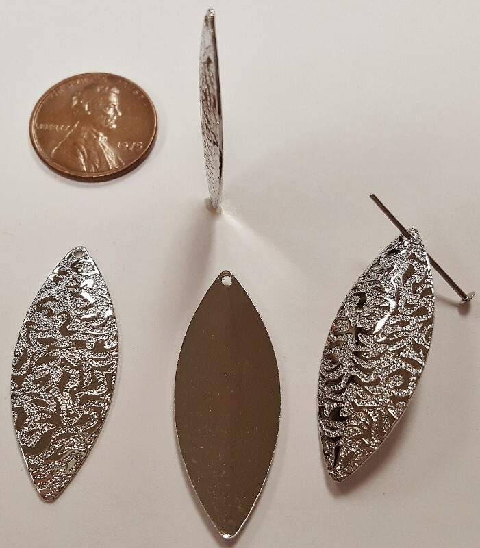 6 VINTAGE SILVER DECO SCROLLED NAVETTE 34x13mm. METAL FINDING PENDANTS N79