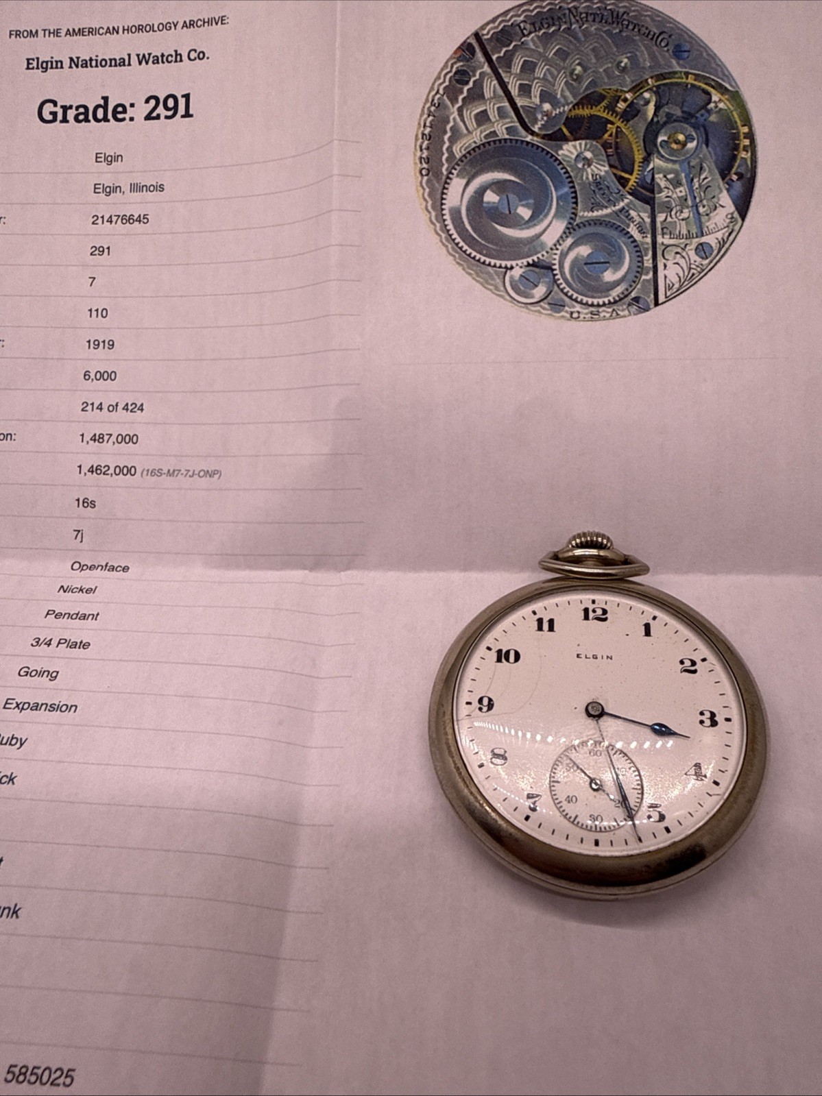 1919 Elgin Grade 291 Sz.16s 7 Jewels Keystone Nickel Case Fully Functional