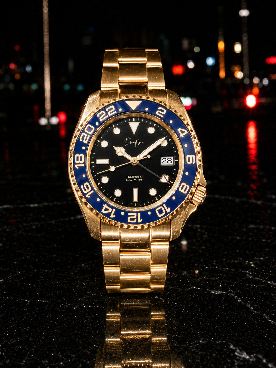 Custom Élan Noir Tempesta Automatic GMT Watch 41mm Steel Gold/Black/Blue NH35