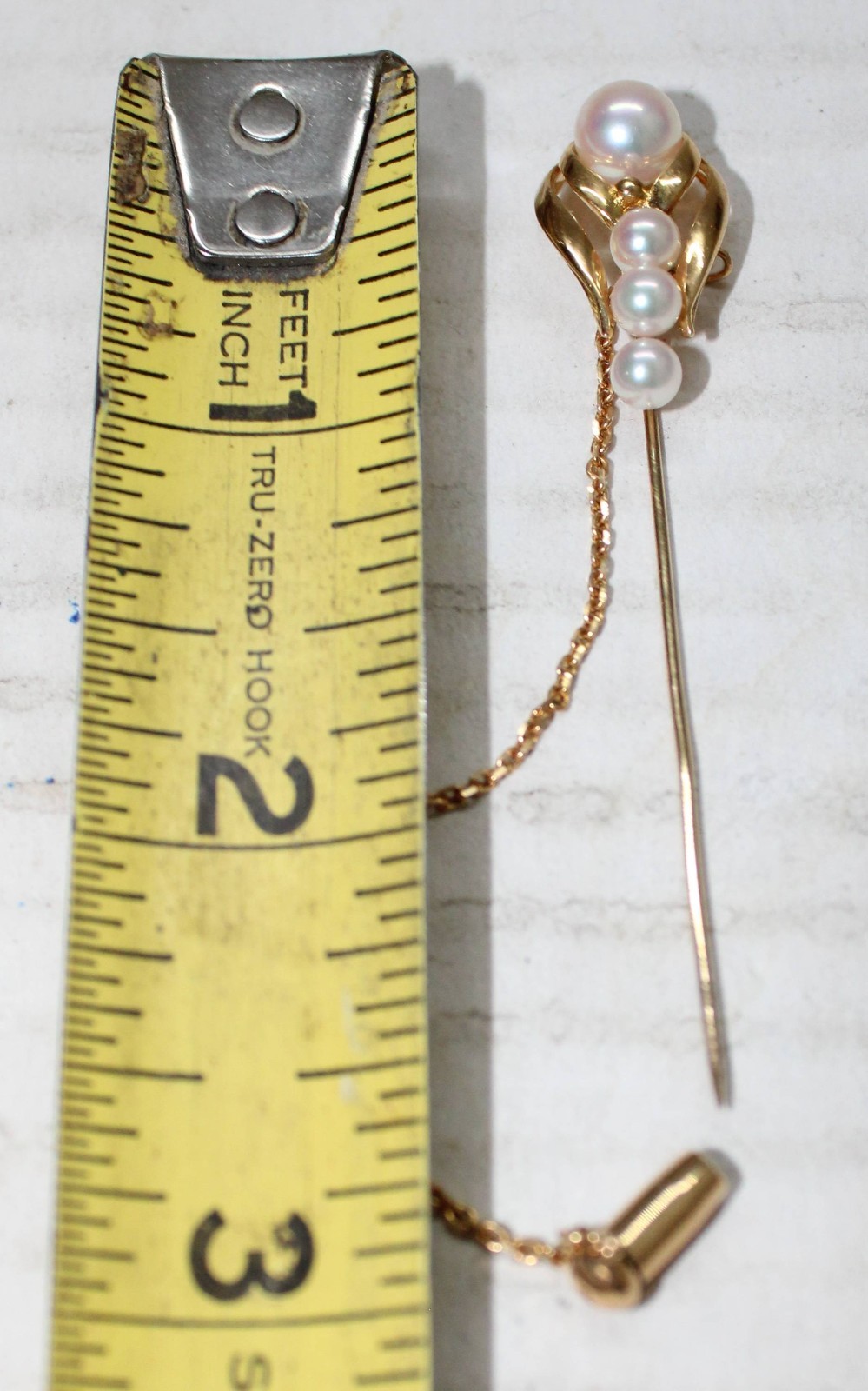 18K Gold & 4 Pinkish Pearls Stick Pin / Brooch 3.3 Grams 3 1/2″ Long