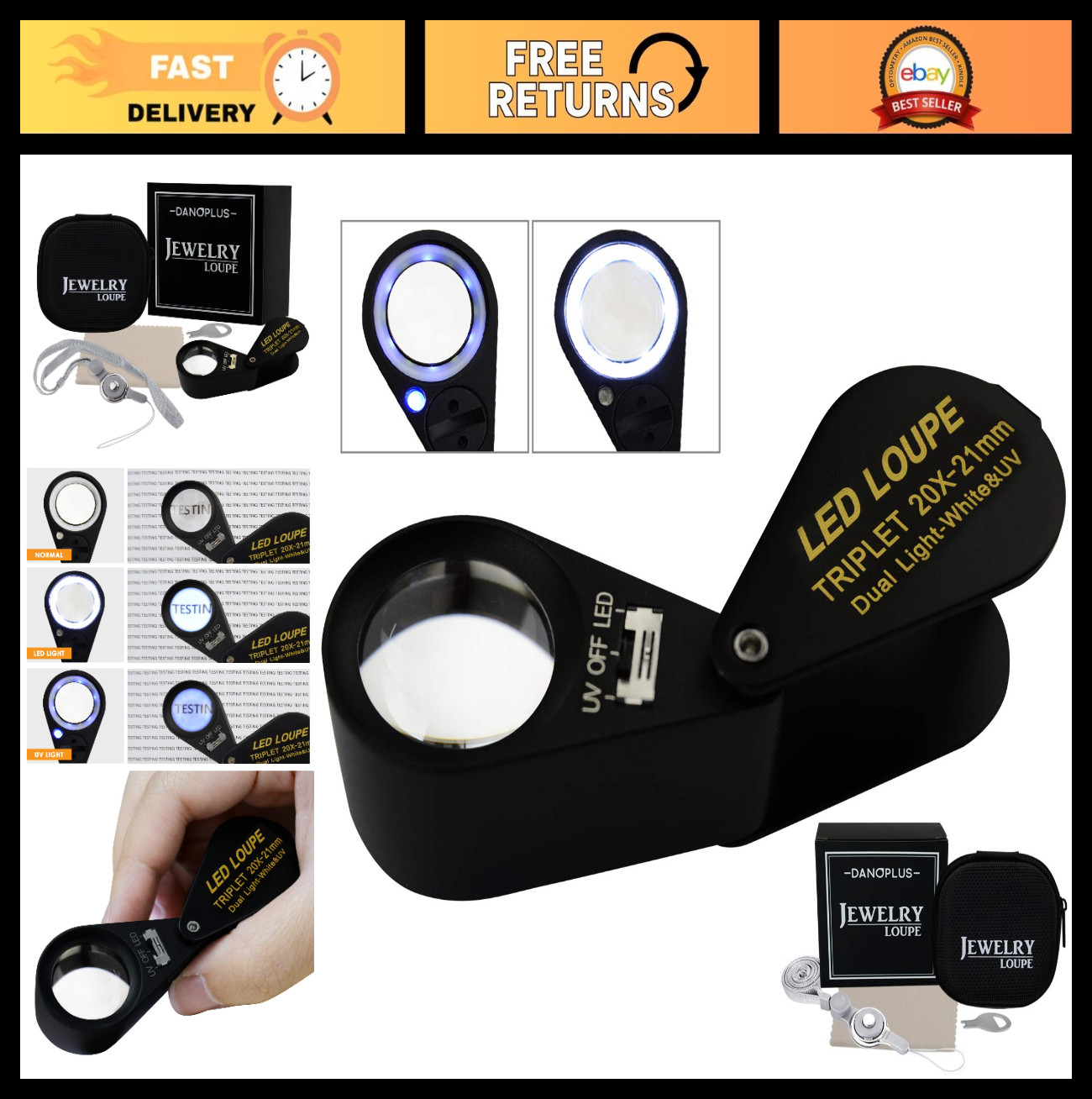 20x Magnifier Loupe with LED UV Light – 21mm Triplet Lens Optical Glass, Pocket