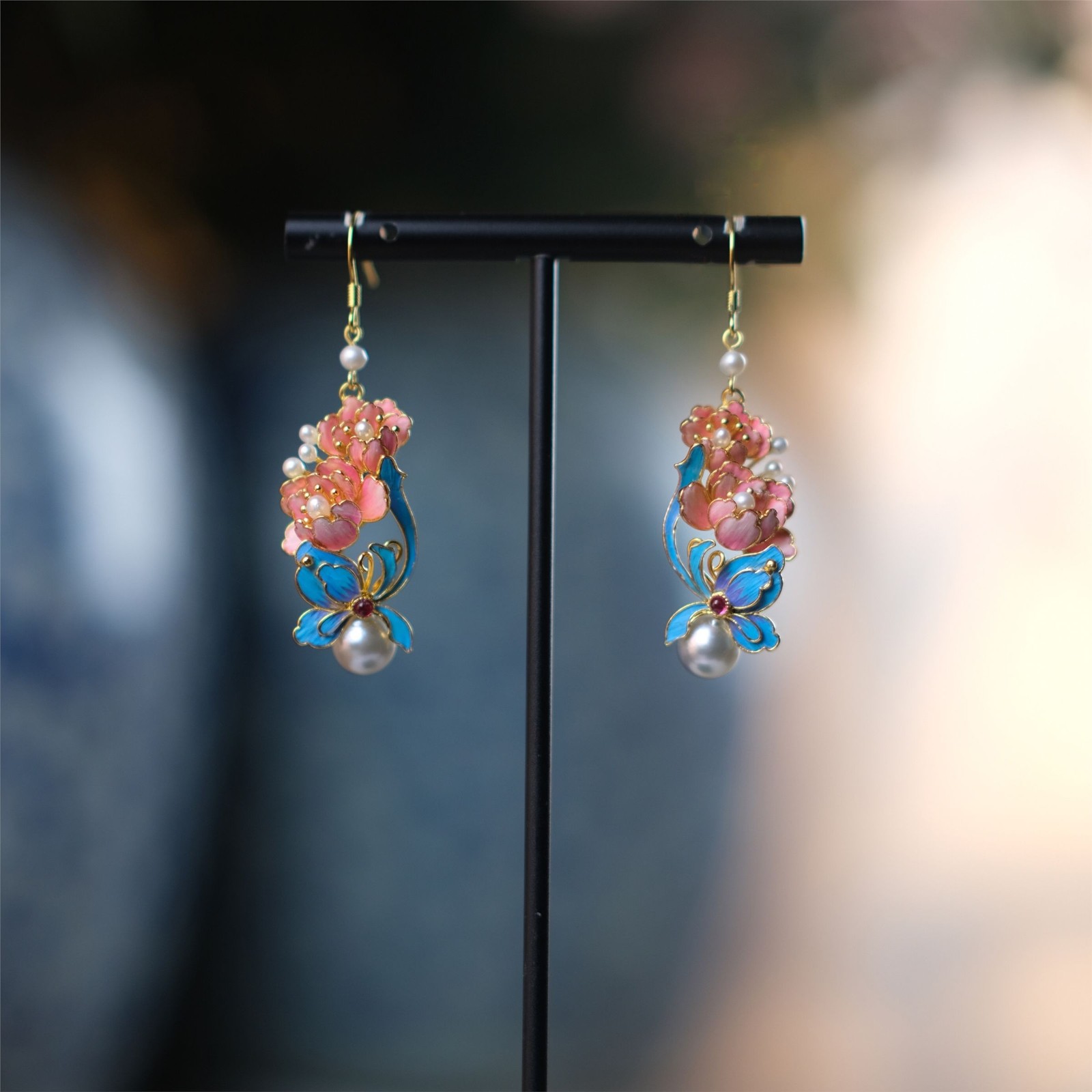 New Chinese Butterfly Peony Gold Plated Long Dangle Earrings