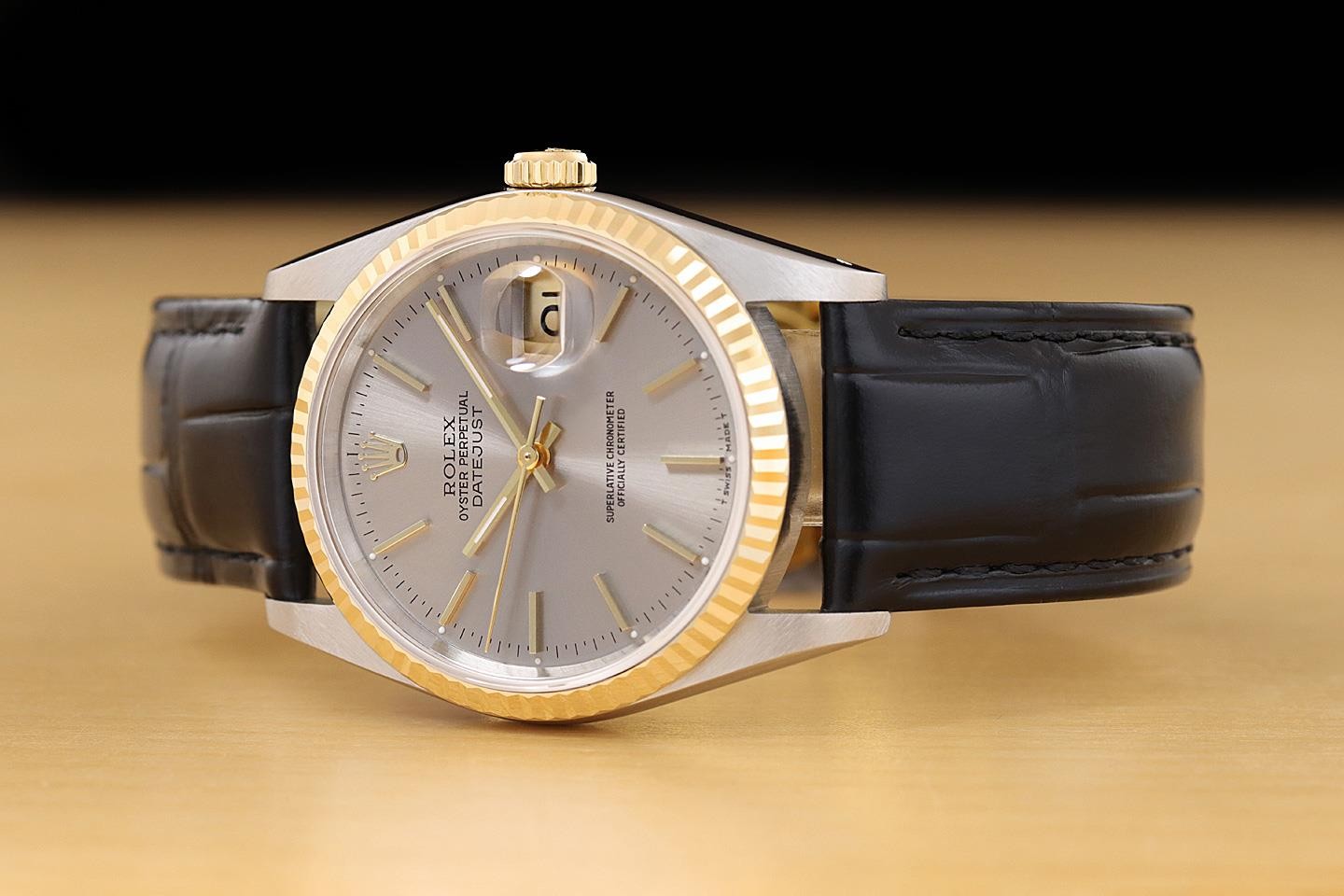 ROLEX MENS DATEJUST 16233 GRAY DIAL 18K YELLOW GOLD STEEL BLACK LEATHER WATCH