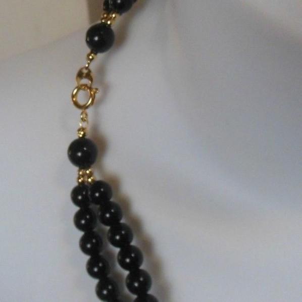 Vintage Double Strand Black, Red, White Bead Necklace W/Ceramic Enamel Panels
