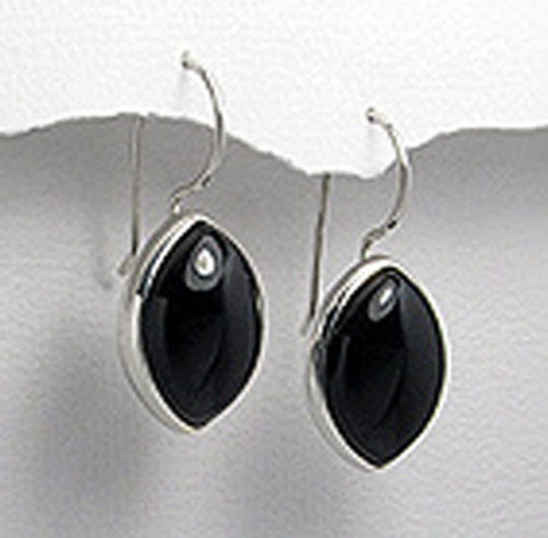 Solid Sterling Silver Bezel Marquise Black Onyx Dangle Earrings 1.3″ Long 7.71g