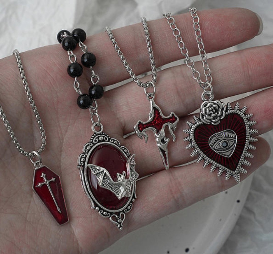 Stainless Steel Red Gothic Religious Cross Tombstone Heart Bat Pendant Necklace