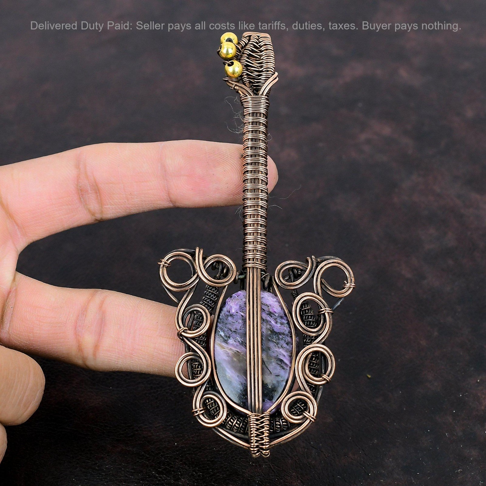 Copper Russian Charoite Stone Wire Wrapped Guitar Engagement New Pendant Jewelry