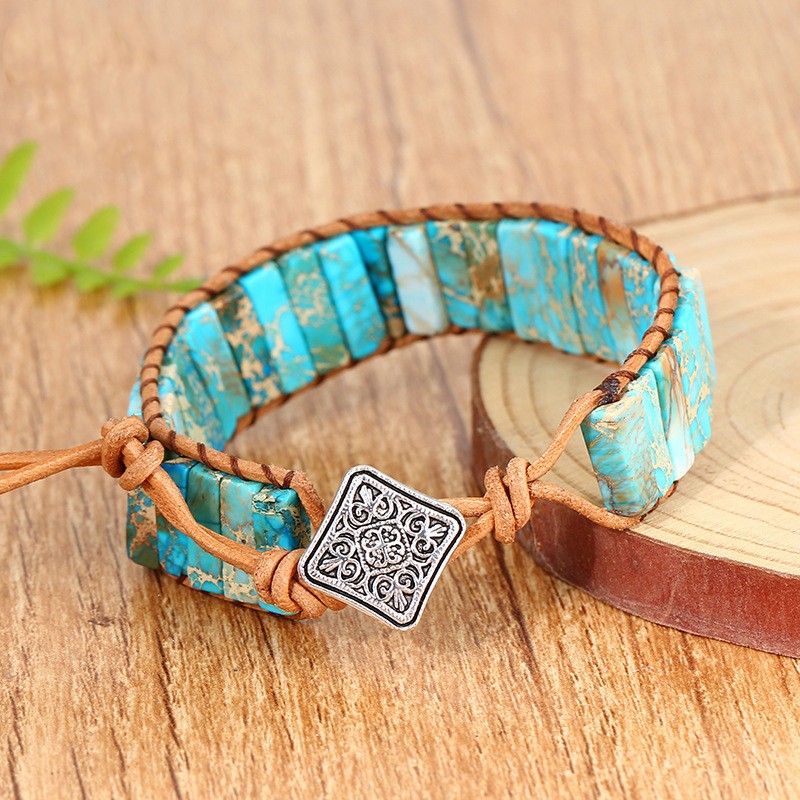 Natural Turquoise Tube Stone Bracelet Leather Braided Healing Reiki Gifts 6.7 in