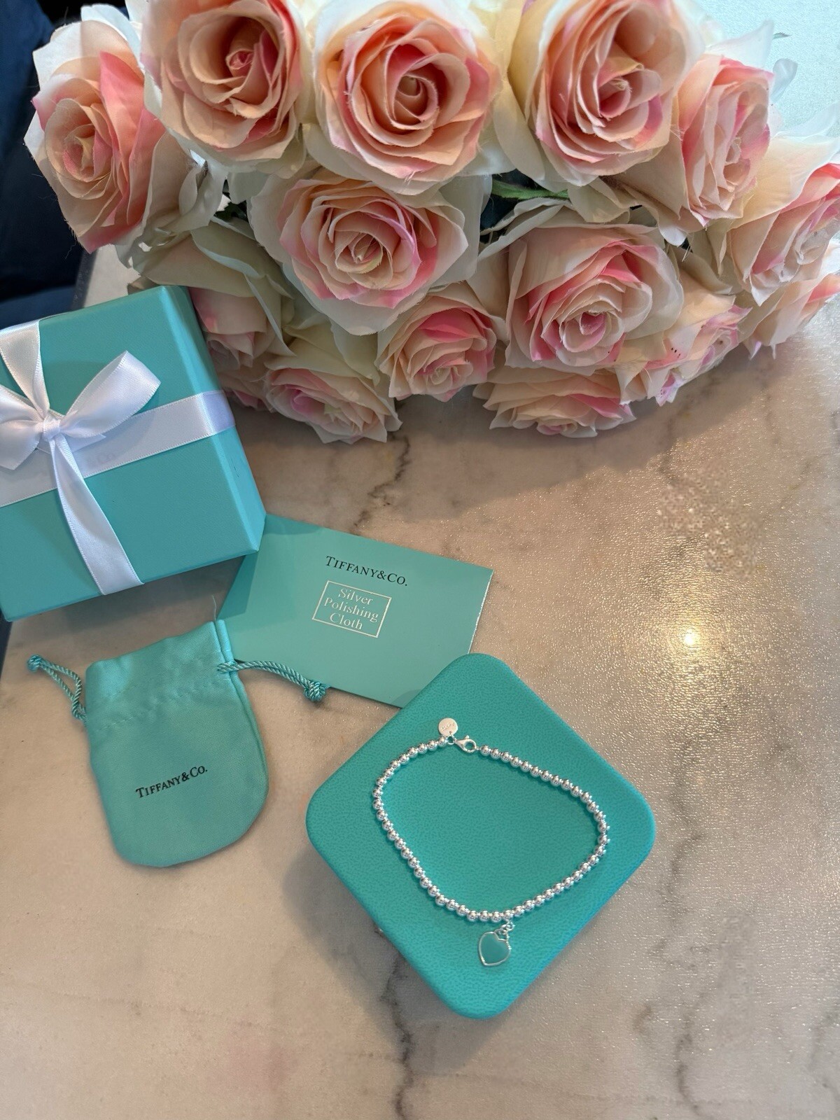 Tiffany & Co Blue Heart Tag Bead Bracelet ( 7.5 Inches )