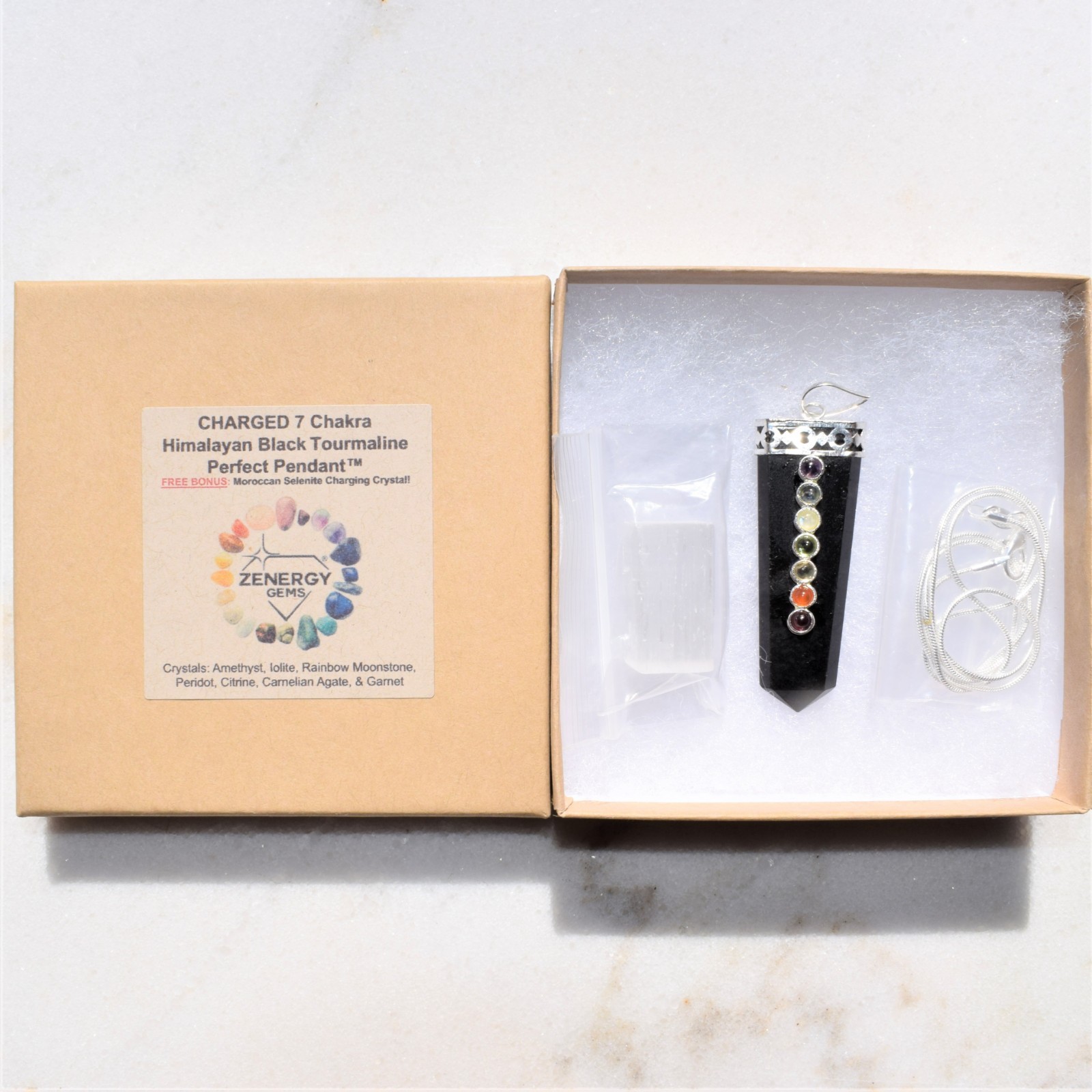 CHARGED 7 Chakra Himalayan Black Tourmaline Pendant + 20″ Stainless Steel Chain