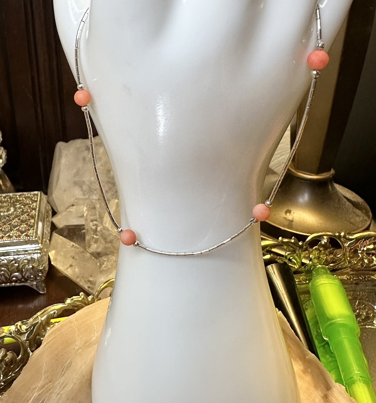 Vintage Orange Aventurine 925 Liquid Sterling Silver Bead Anklet 9.5 In