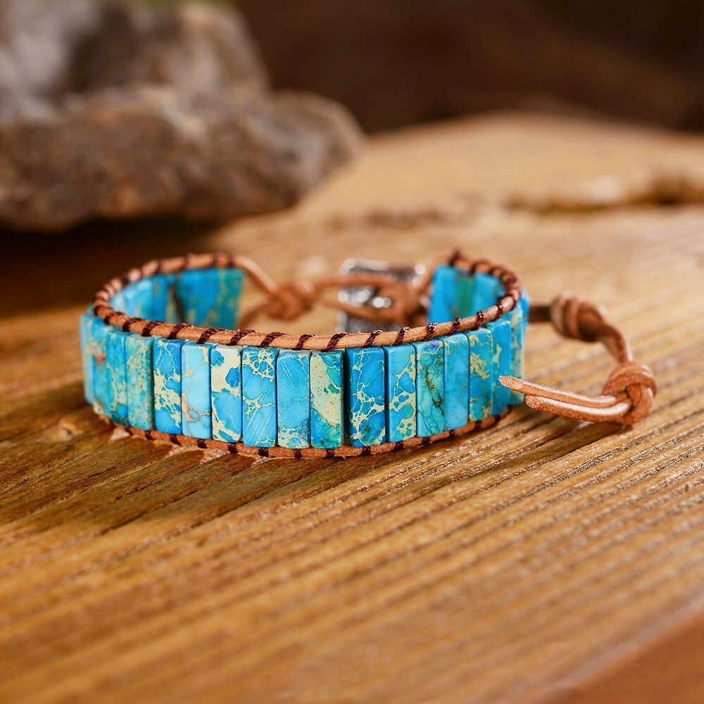 Natural Turquoise Tube Stone Bracelet Leather Braided Healing Reiki Gifts 6.7 in