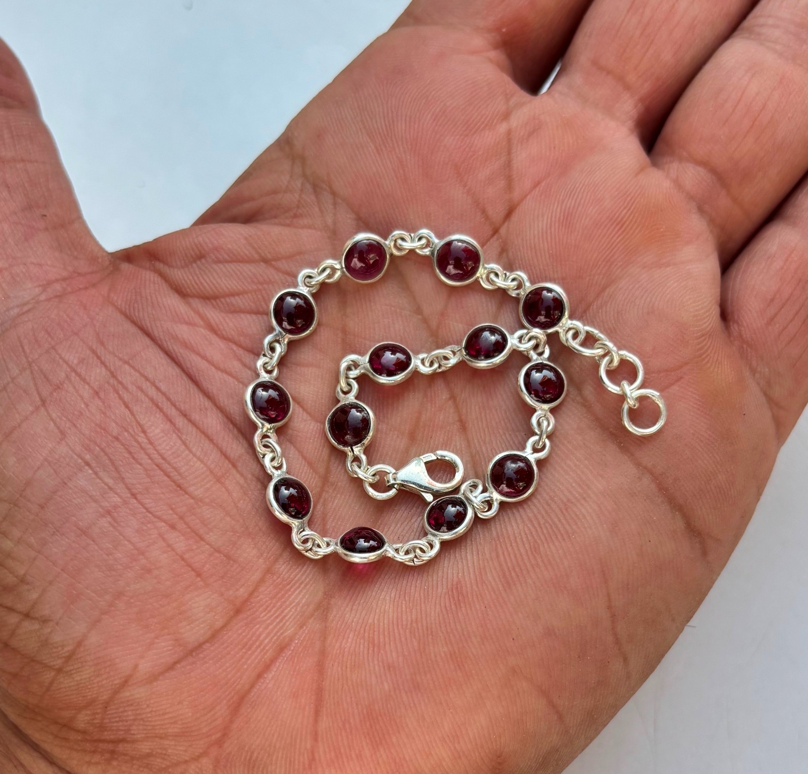 Natural Garnet Cabochon Bracelet 925 Sterling Silver Minimalist Jewelry 21 CM