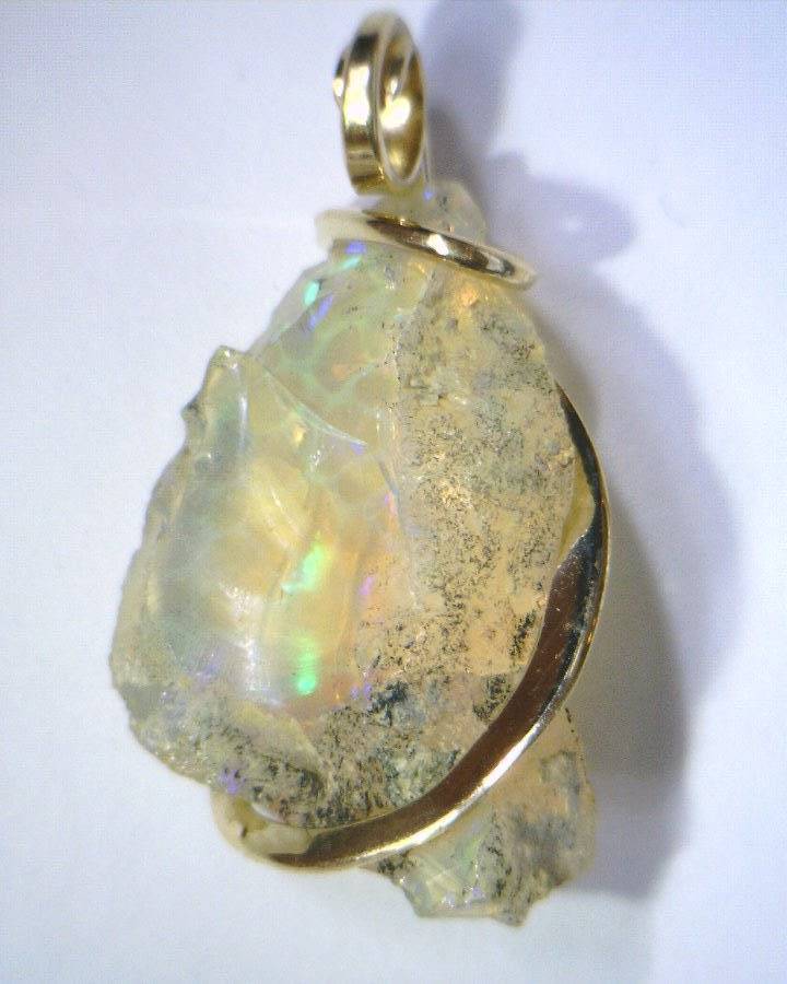 11.41ct Natural African Crystal Opal in 14kt Gold Forged Wire Wrap Art Pendant