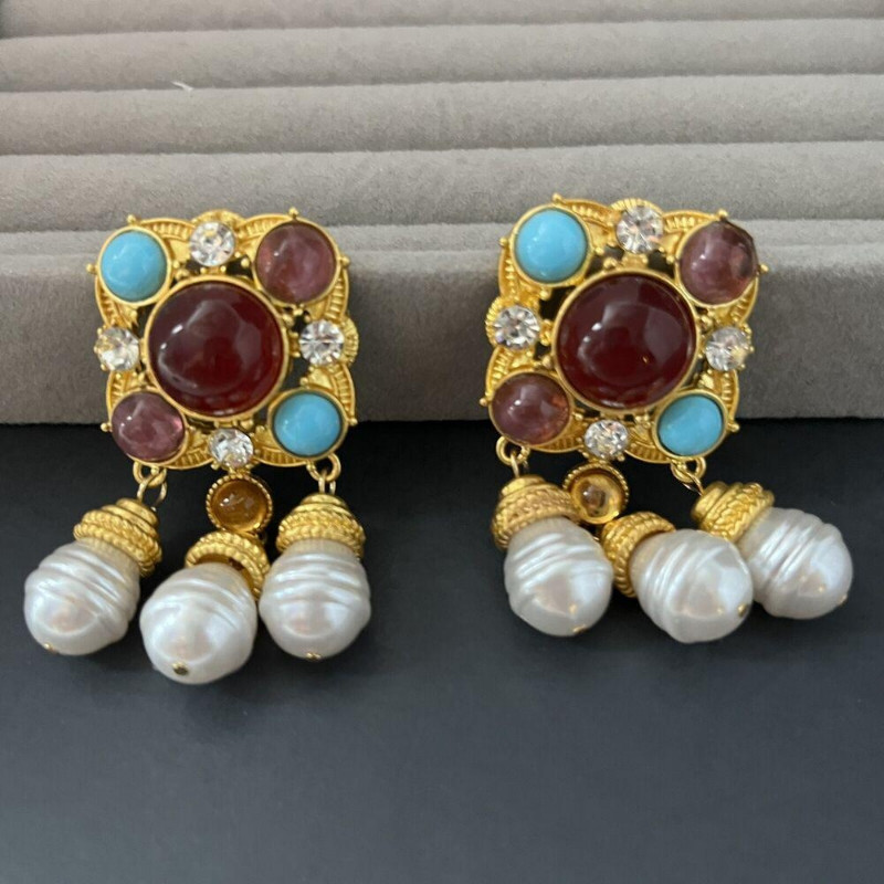 Dangle Earrings Matte Gold Faux Pearl Turquoise Pierced