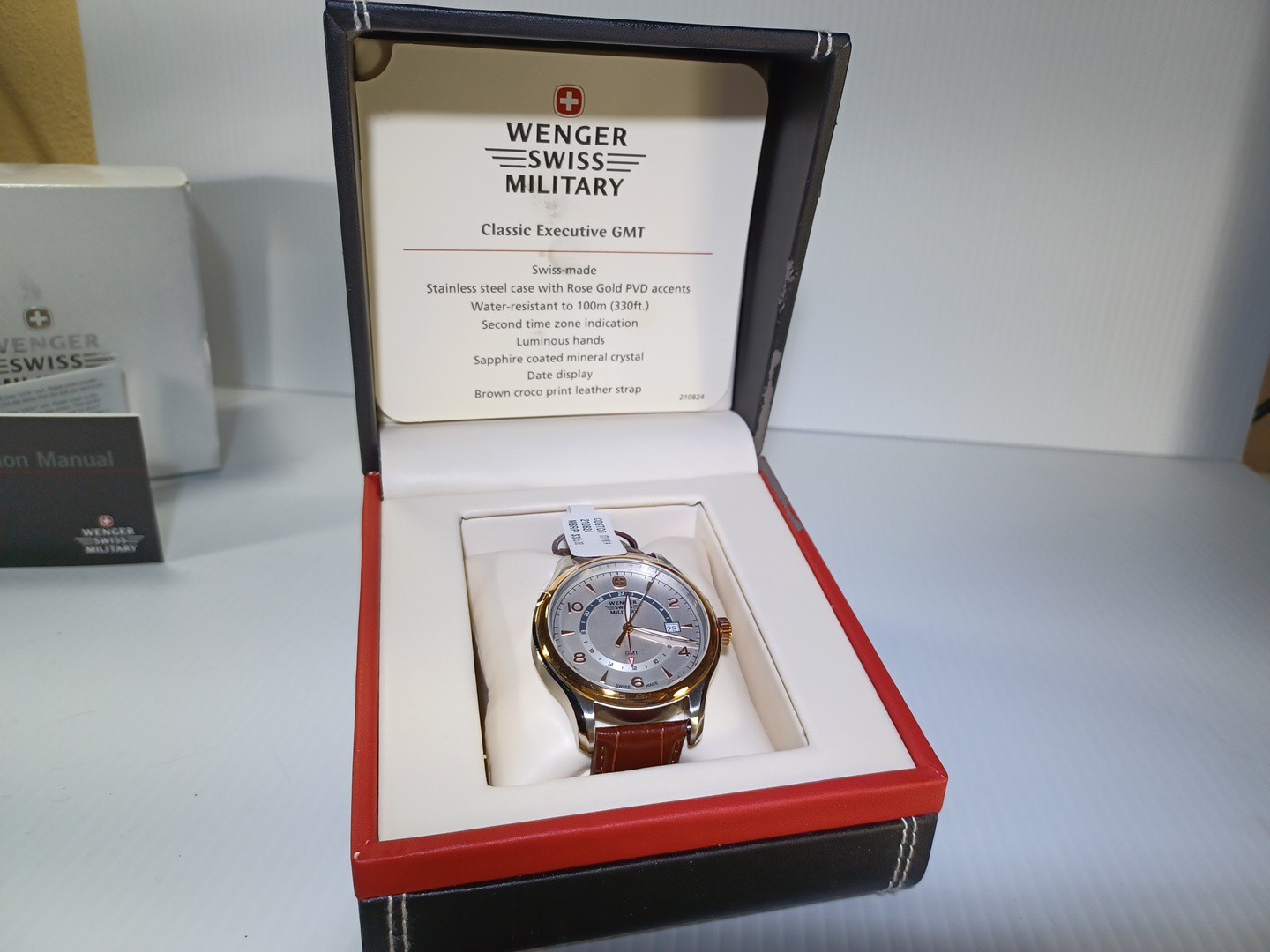 Wenger Swiss Military Classic Executive GMT Watch Rose Gold Brown Leather 100m
