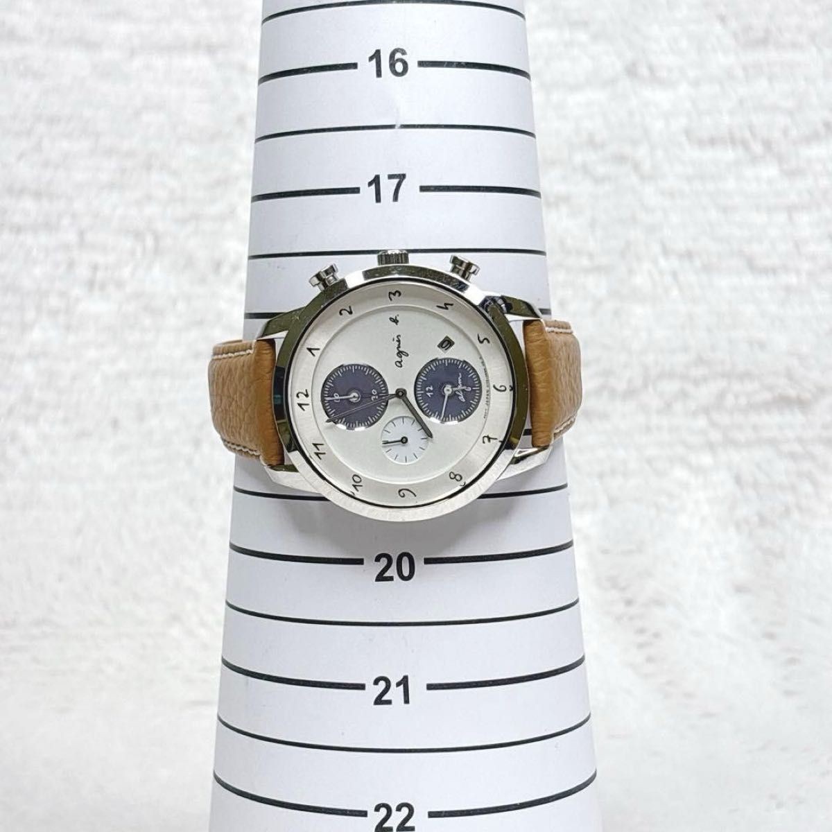 agnes b. SAM Solar Chronograph White Dial Men Leather Watch V172-0AW0