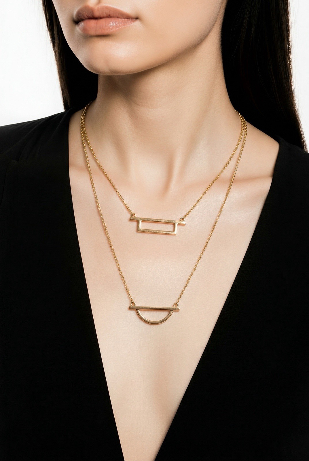 NWT French Connection GoldTone Multi-Layer Geometric Bar Half Moon Necklace T105