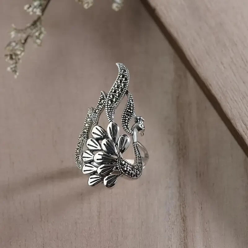 Elegant 925 Sterling Silver Charms Fashion Phoenix Peacock Ring One Size Fit All