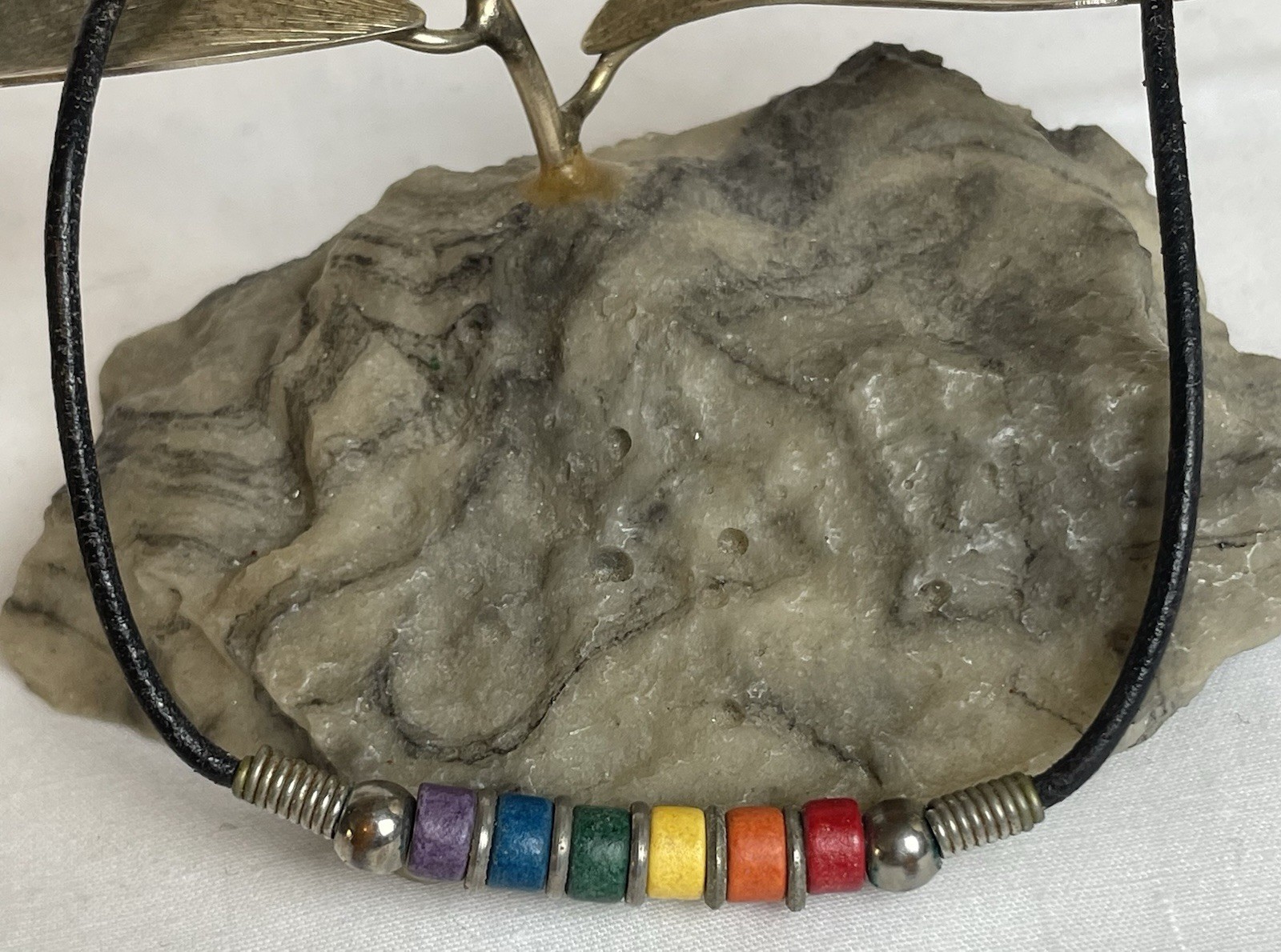 Vtg Real Silver Ceramic Beads Necklace 16” Multicolor Black Leather Cord