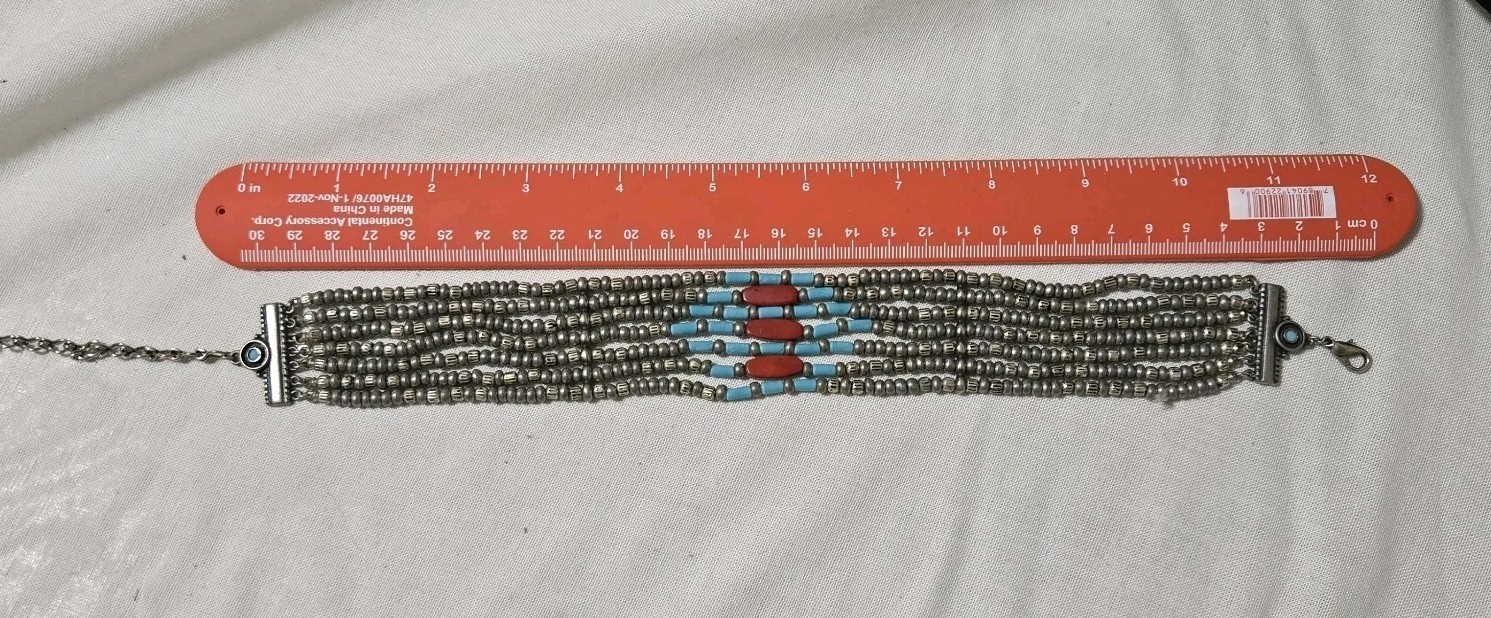 Vtg Signed Ben Amun 15″ Choker Necklace 7 Row Strand Faux Turquoise Coral