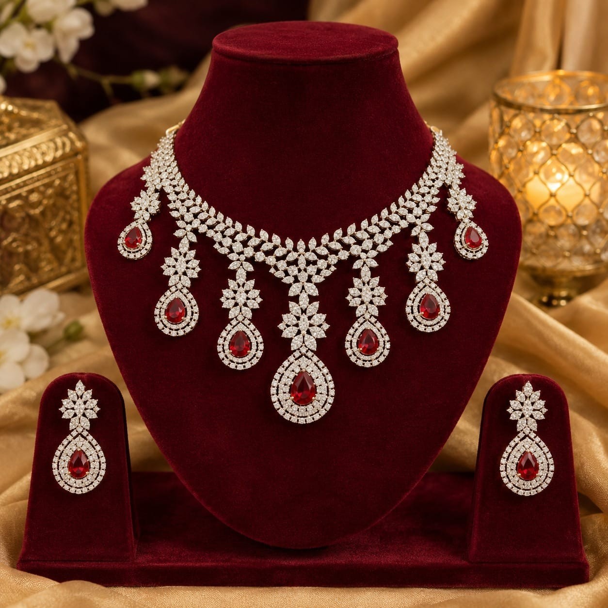 Elegant Luxury Red Crystal Jewelry Set with Matching Drop Earrings Gift For Her.