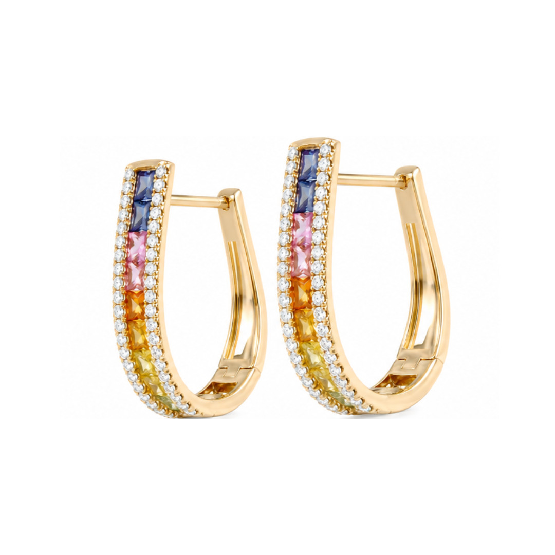 3.06 cttw Natural Rainbow Sapphire Diamond Hoop Earrings 14K Rose Gold