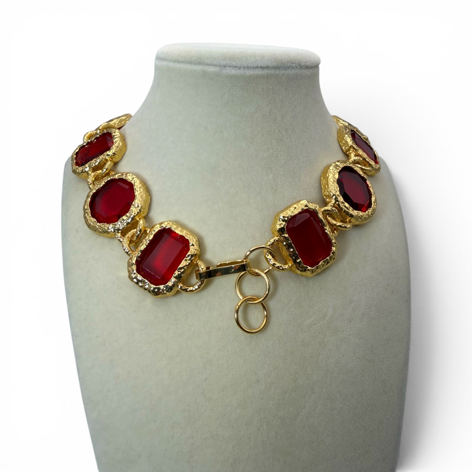 Catwalk Jon New Signed Rich Red Acrylic Collar Necklace Gold Tone Statement 19”
