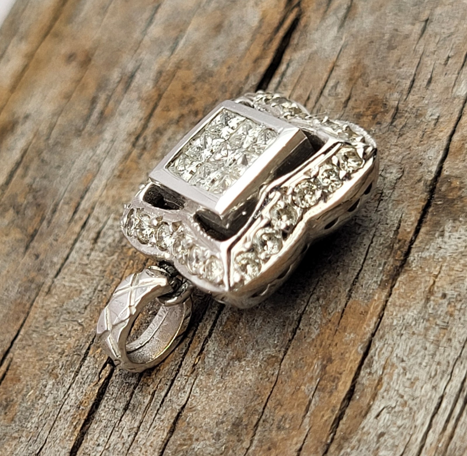 Heavy! 18K White Gold Square Princess Cut Diamond Pendant Charm Signed H.O.B.