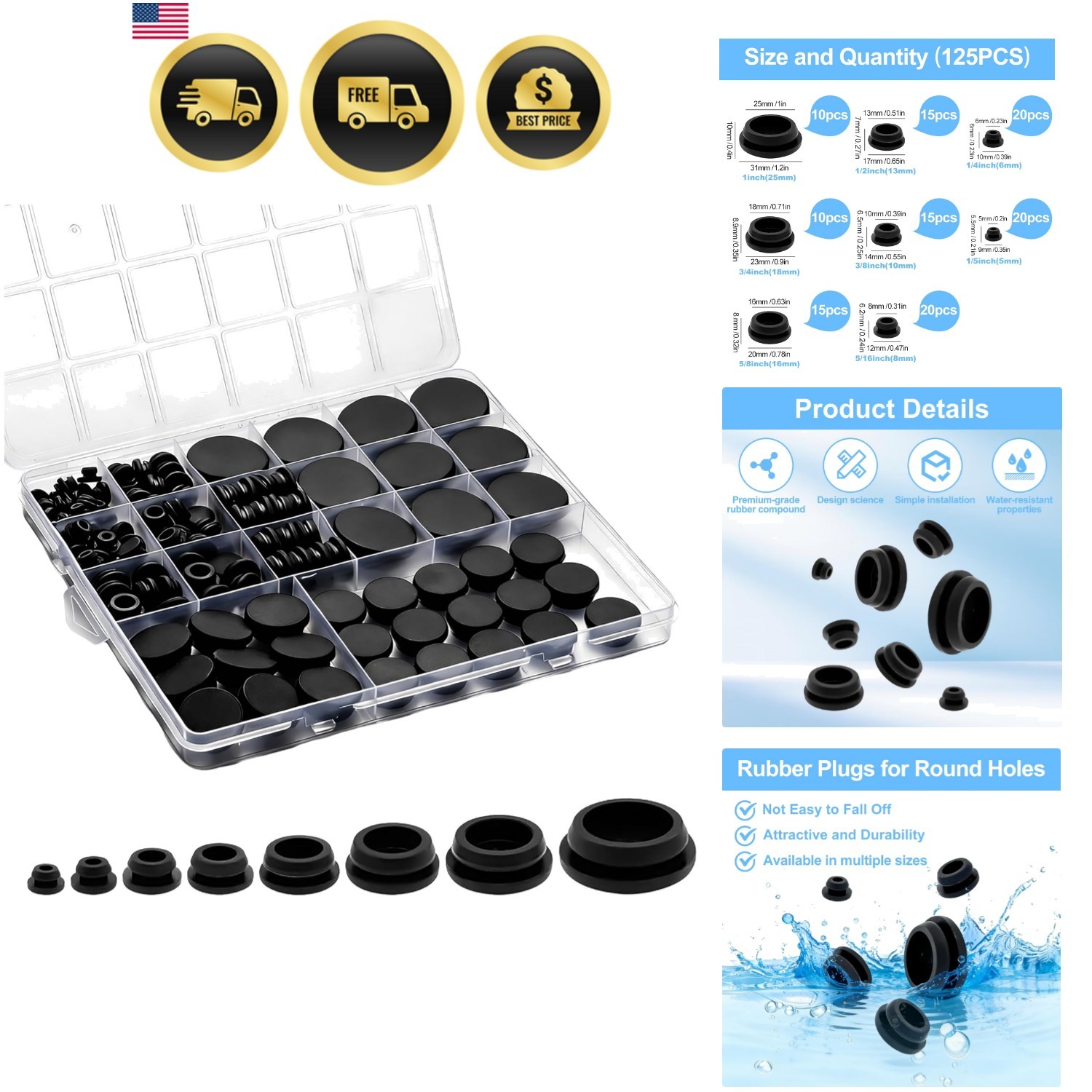 125Pcs Rubber Plugs for Round Holes, Durable and Long Service Life, 8 Sizes H…