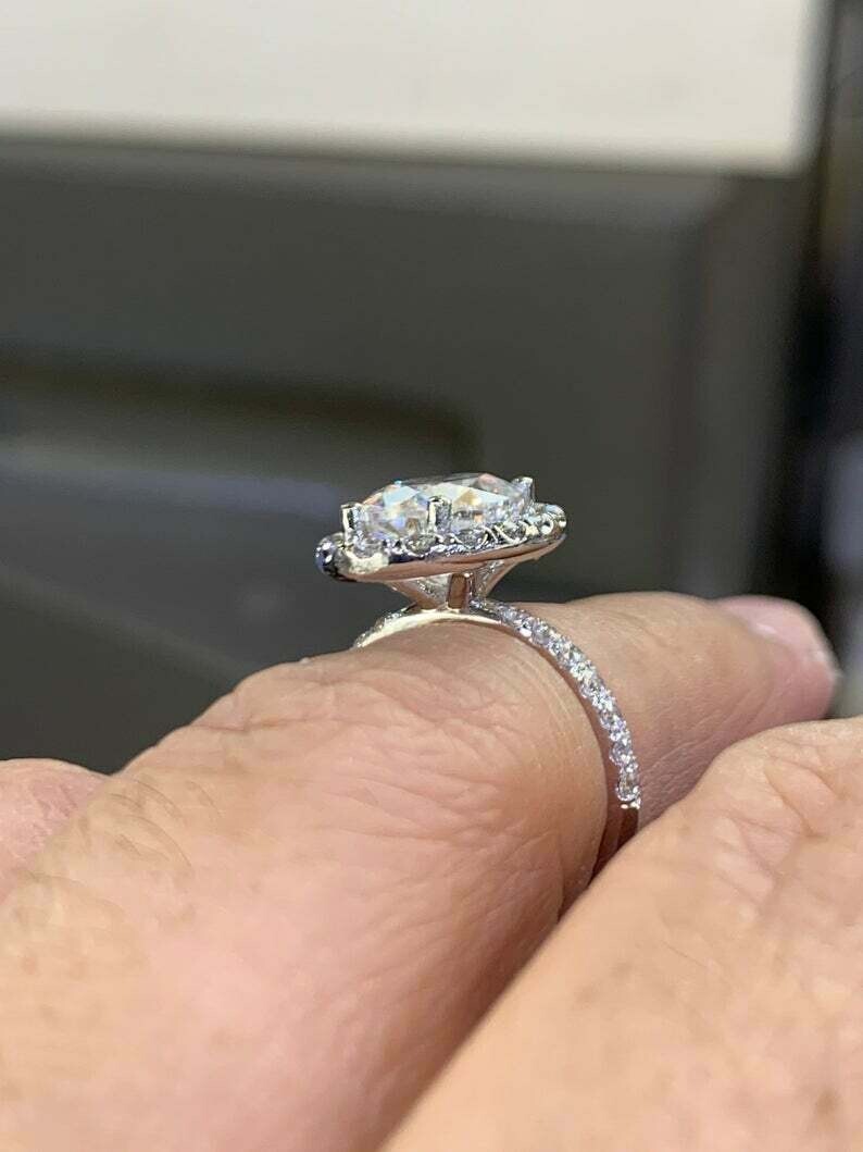 2.10Ct Oval lab created Diamond Halo Engagement Ring 14K White Gold Finish