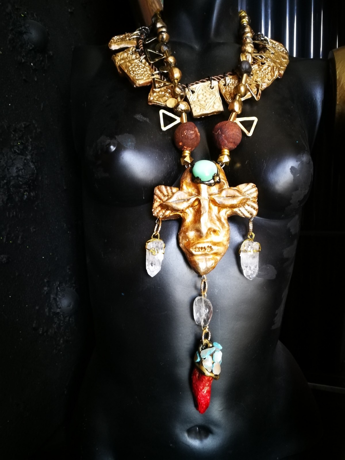 Statement Luxury Necklace Jewelry Pendant Tribal Mask Sculpture Horn & Gemstone