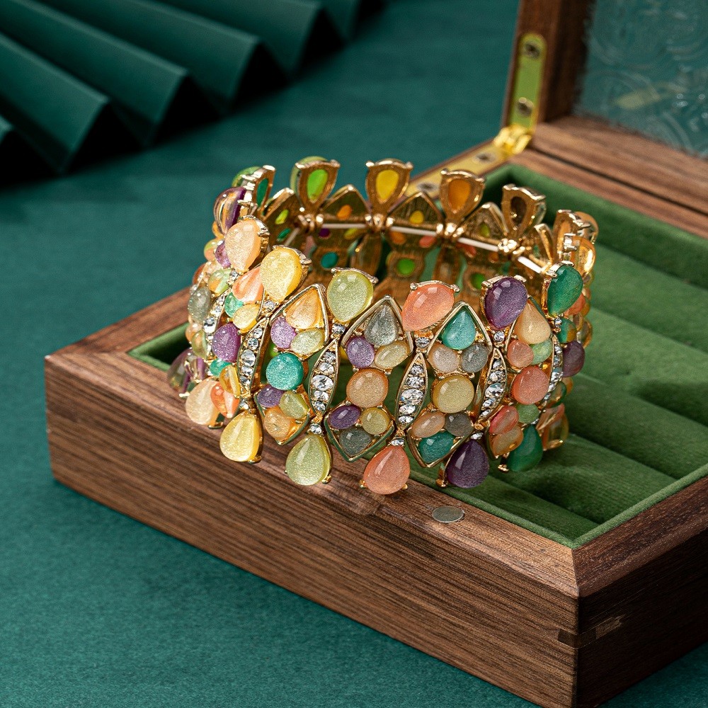 Wide Cuff Bangle Bracelet Colorful Teardrop Resin Rhinestone Inlaid Gold Alloy