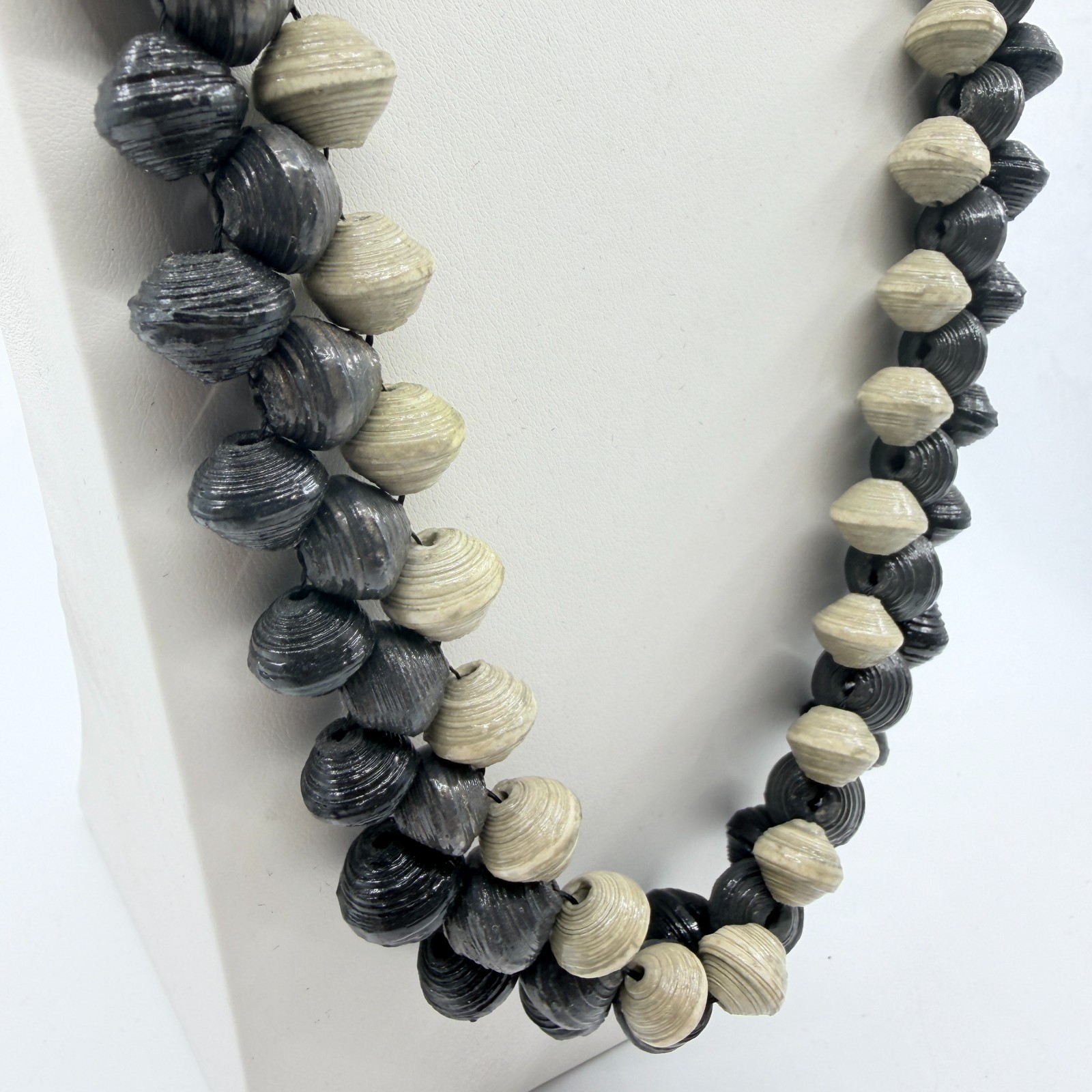 Vintage Boho Black Cream Handcrafted Rolled Paper Bead Strand Statement Necklace