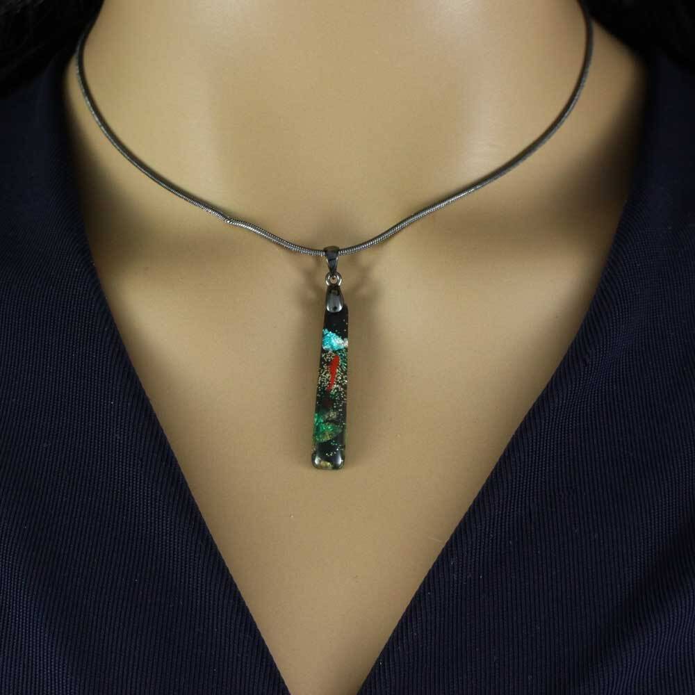 Black Glittering Multi Color Bar Pendant on Gray Chain – PT907
