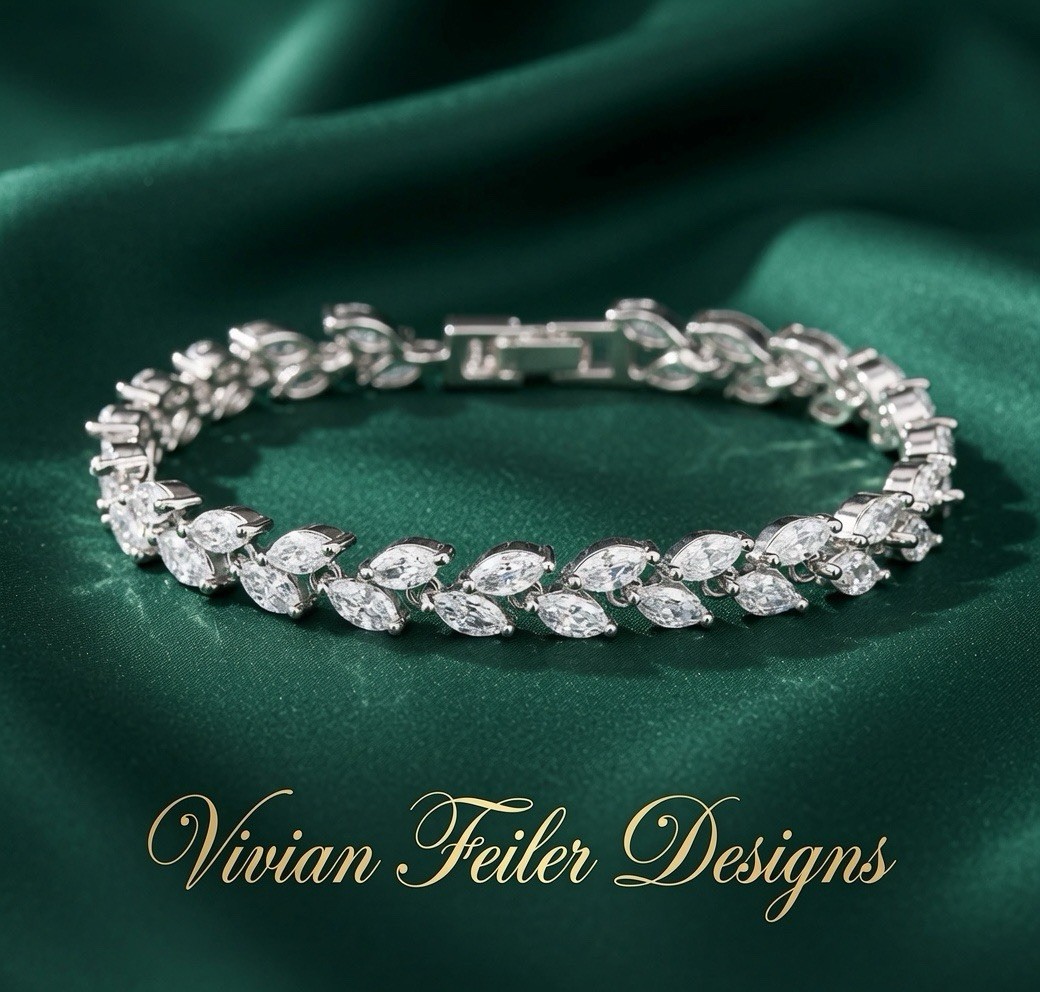 Bridal Tennis Bracelet Wedding Marquis Cut Leaf Vine CZ Silver, Gold, Rose Gold
