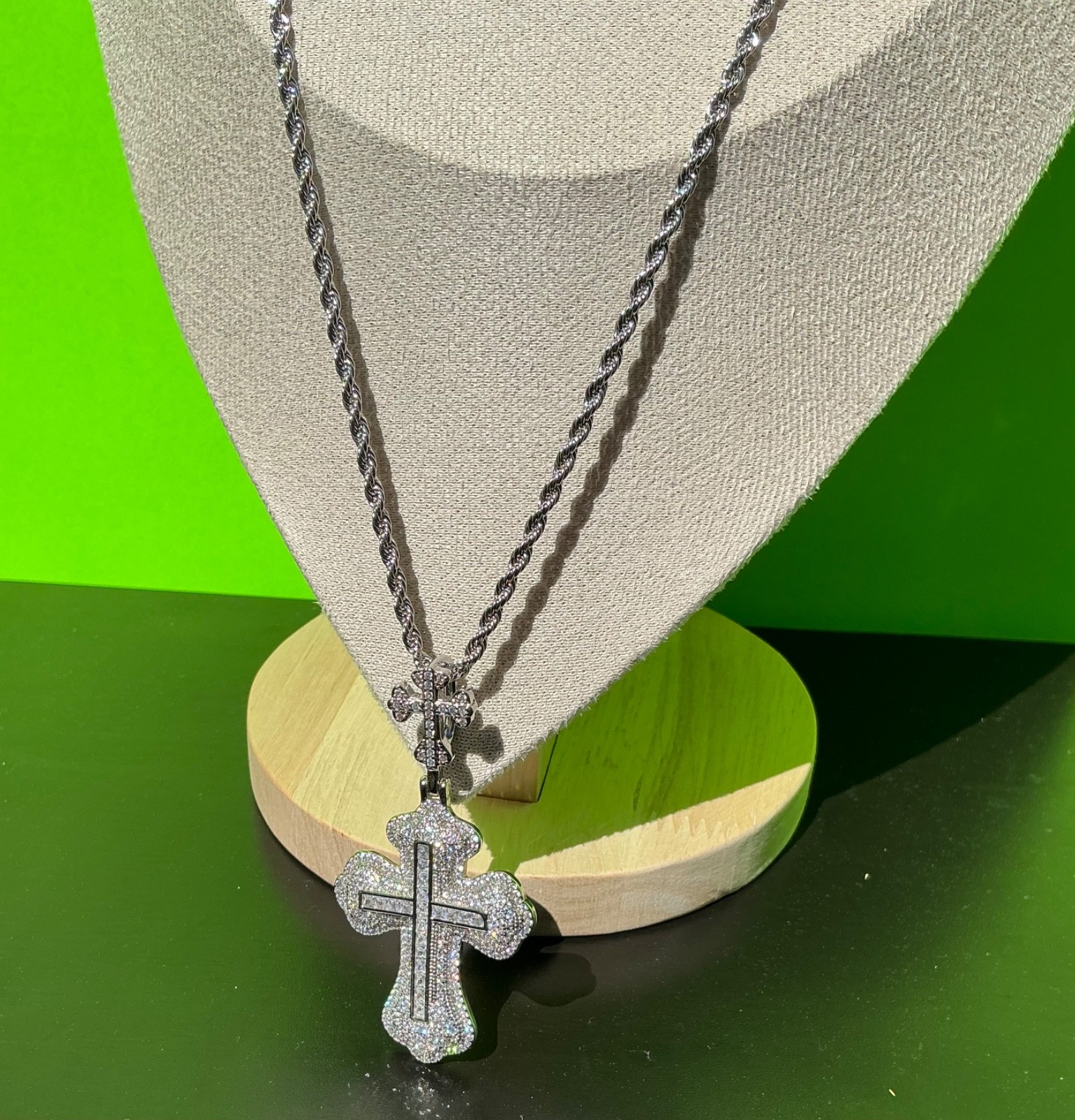 New Men Women White Gold Tone Cross CZ Chain Necklace Hip Hop Rap Fire Bling