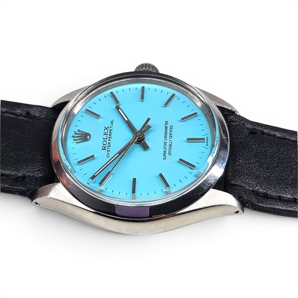 Rolex Oyster Perpetual 34mm Blue Turquoise Steel Automatic Watch 5500 Circa 1974