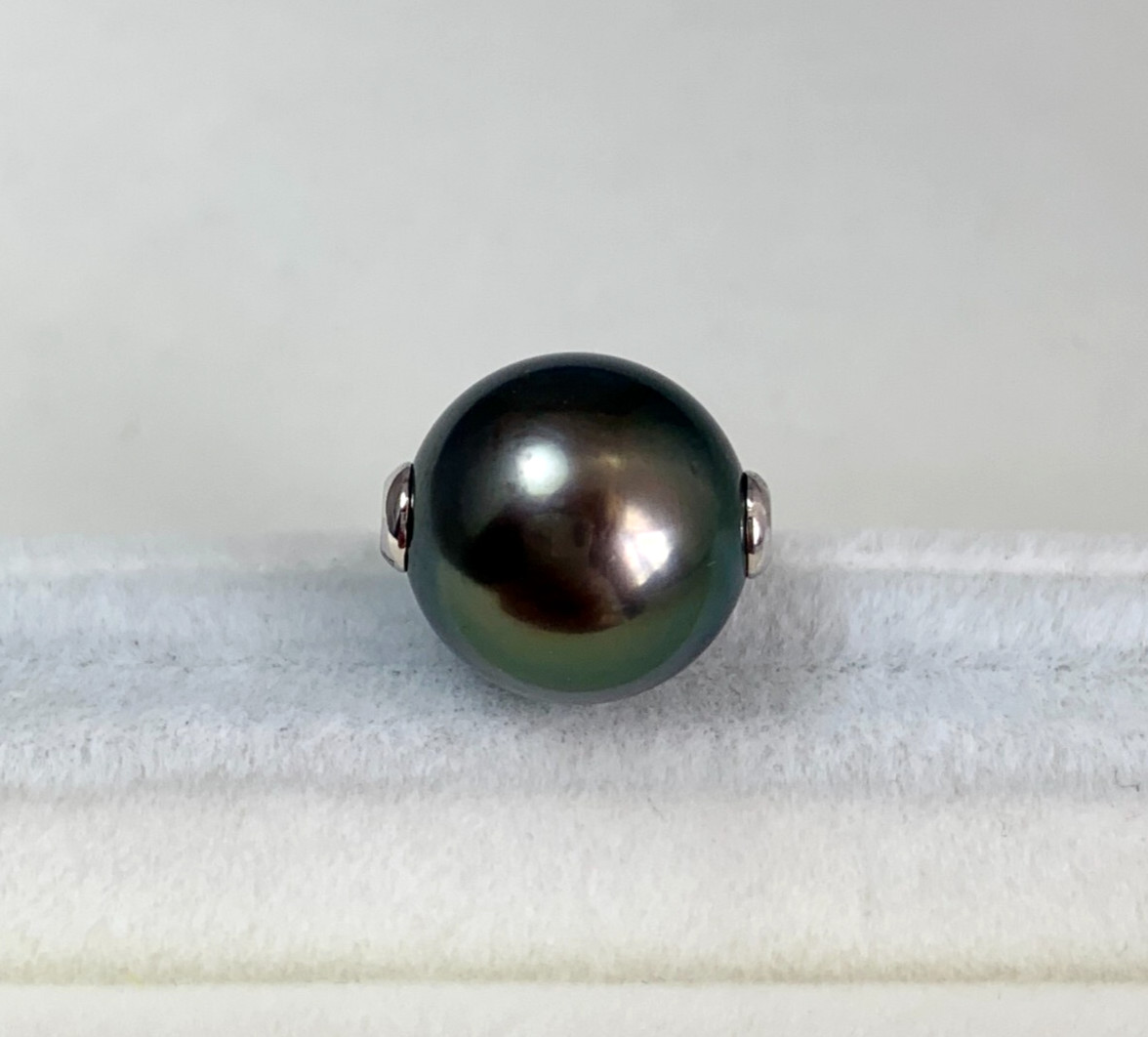 AAA Big 12.3mm Round Green Tahitian Loose Pearl,Full Drilled,14Kt White Gold