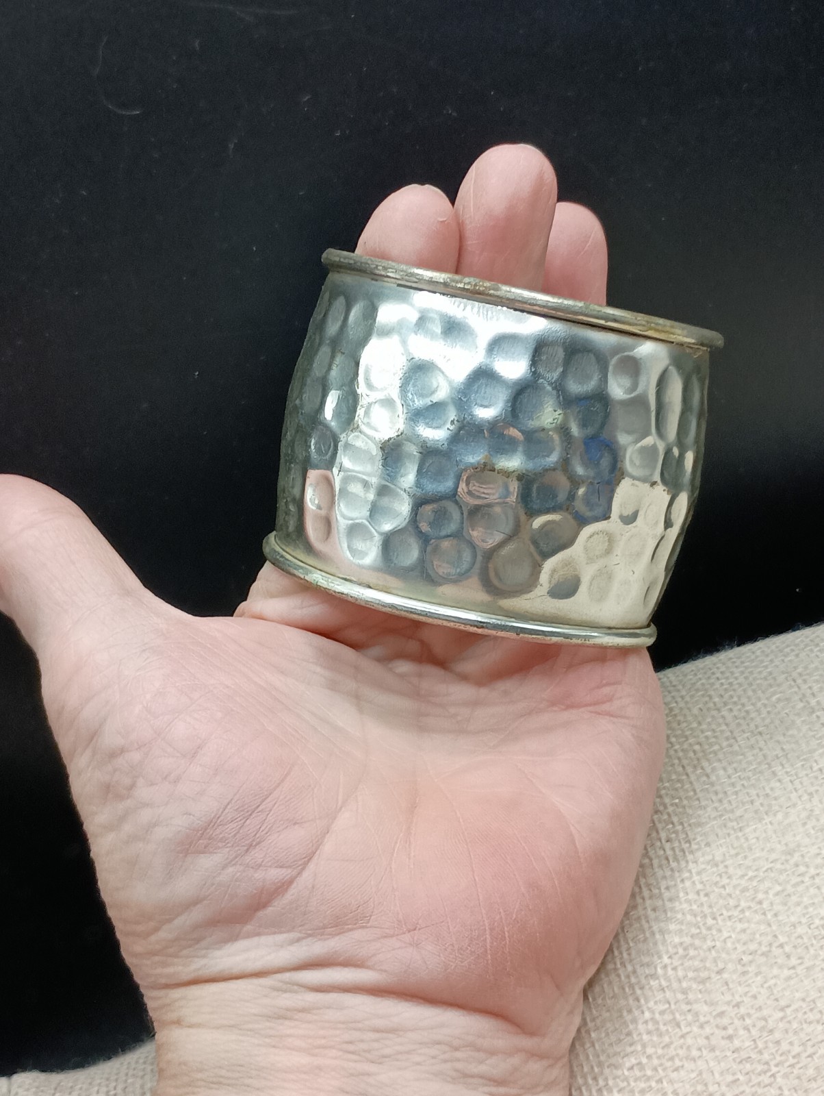 Mens Cuff Bracelet Hammered Silver Tone Open Bangle Wide 2.25” Size 7-9 Adjusts