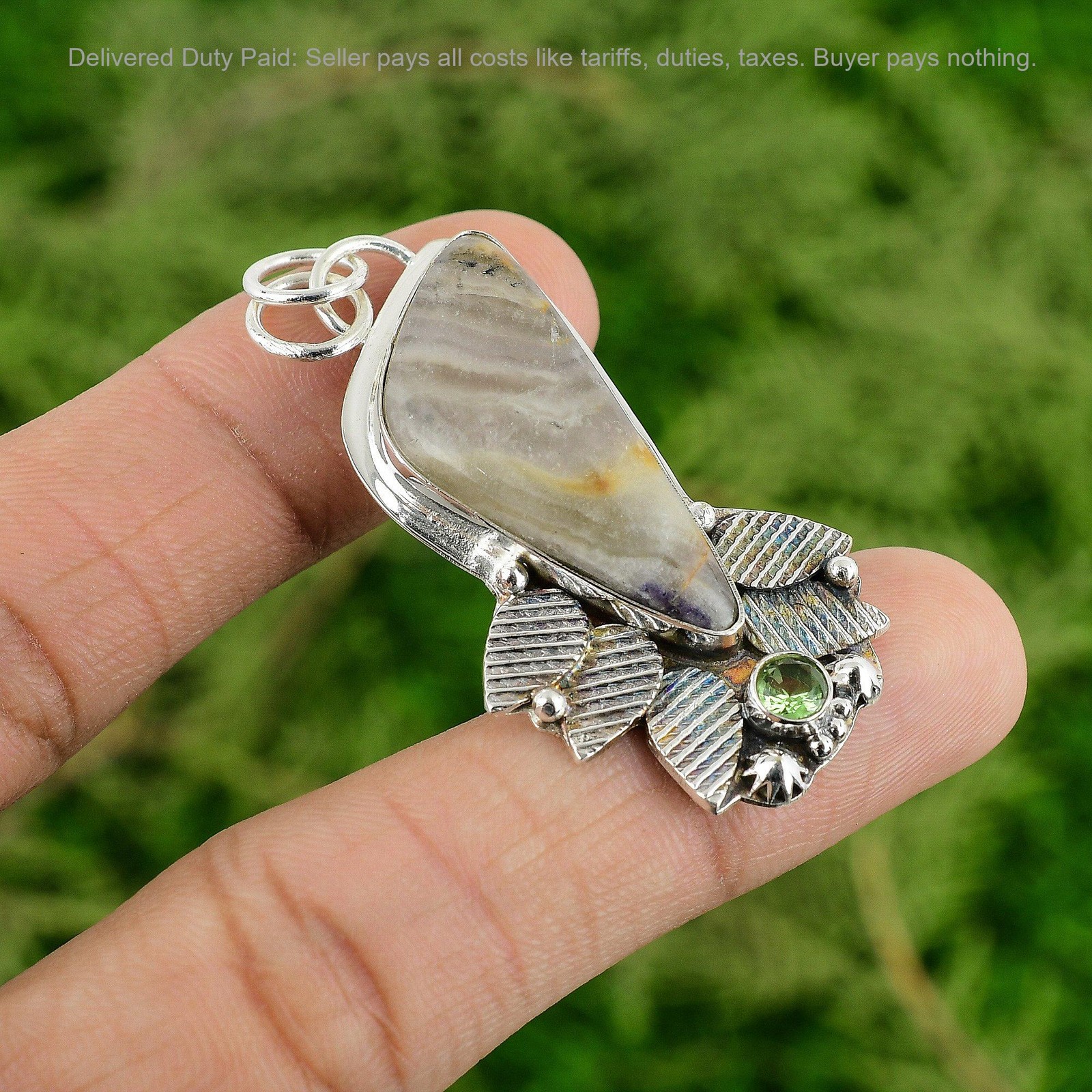Trillion Natural Crazy Lace Agate Peridot 925 Silver Ethnic Wife Pendant Jewelry