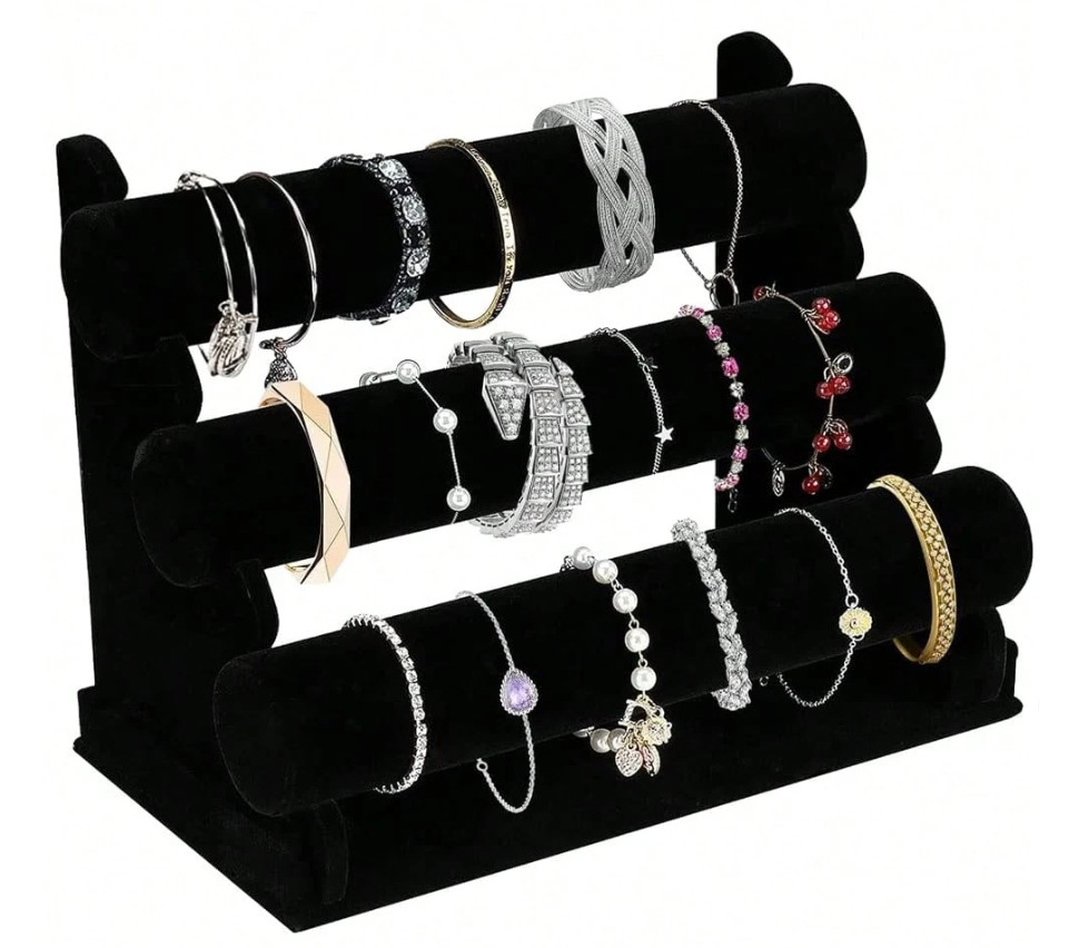 Velvet Bracelet Holder 3 Tier – Black Jewelry Display Stand for Watches Bangles