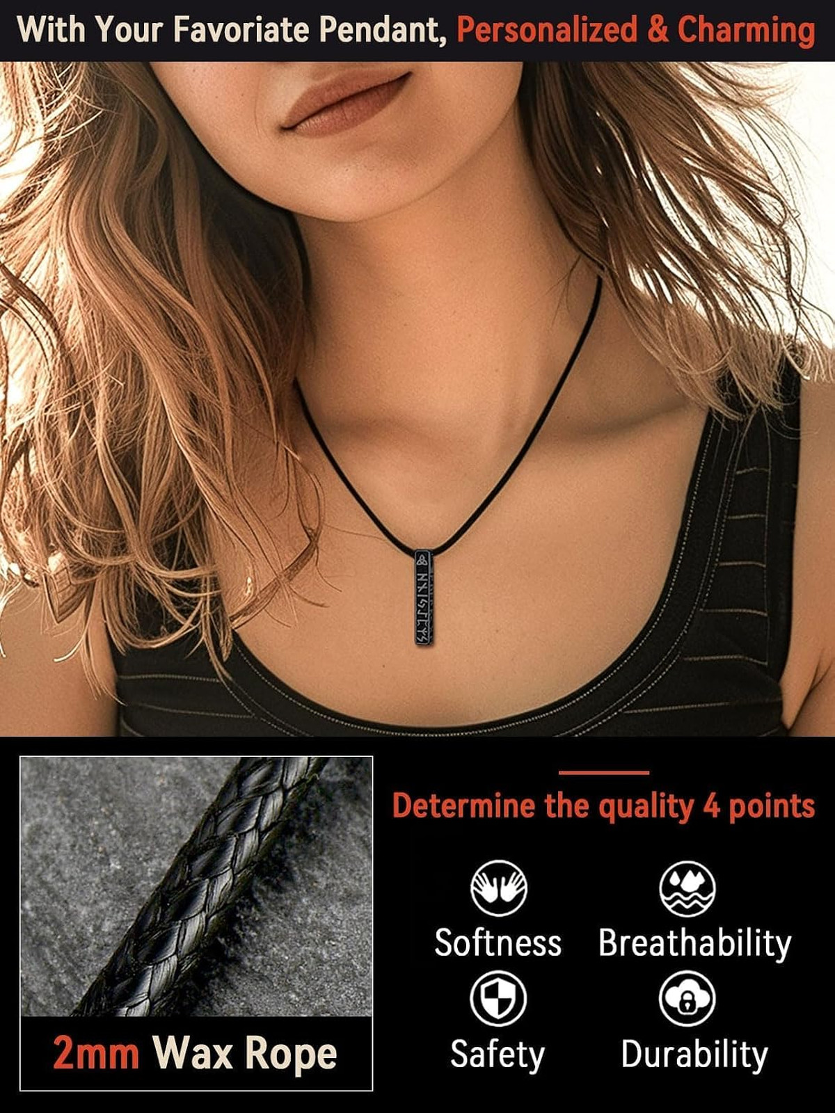 Men’s Leather Necklace Cord with Stainless Steel Clasp 2mm 3mm 16-30in Black