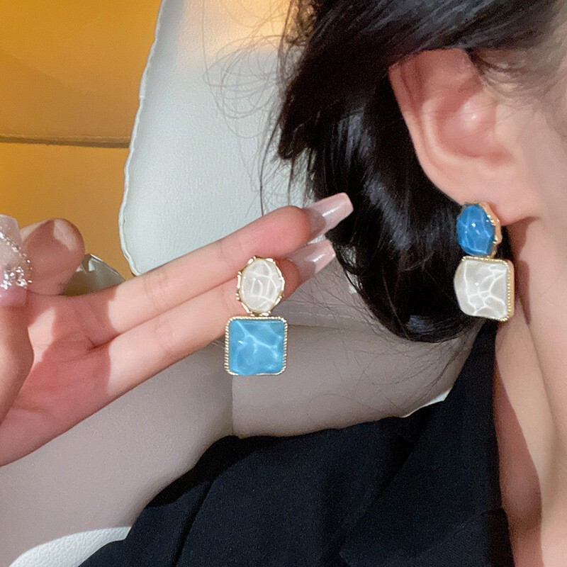 Water Ripple Resin Zicron Double Square Temperament Elegant Earrings For Women.
