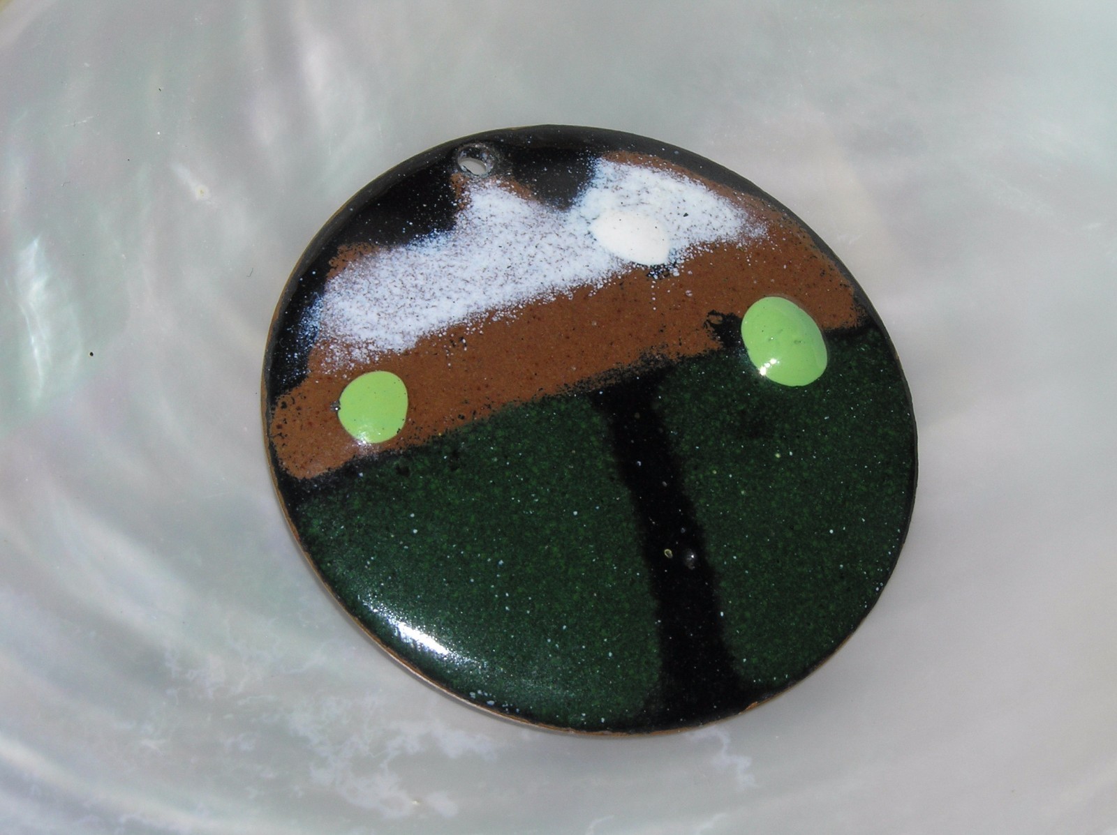 Vintage Large Green Brown Black & White Enameled Metal MODERNIST Circle Pendant